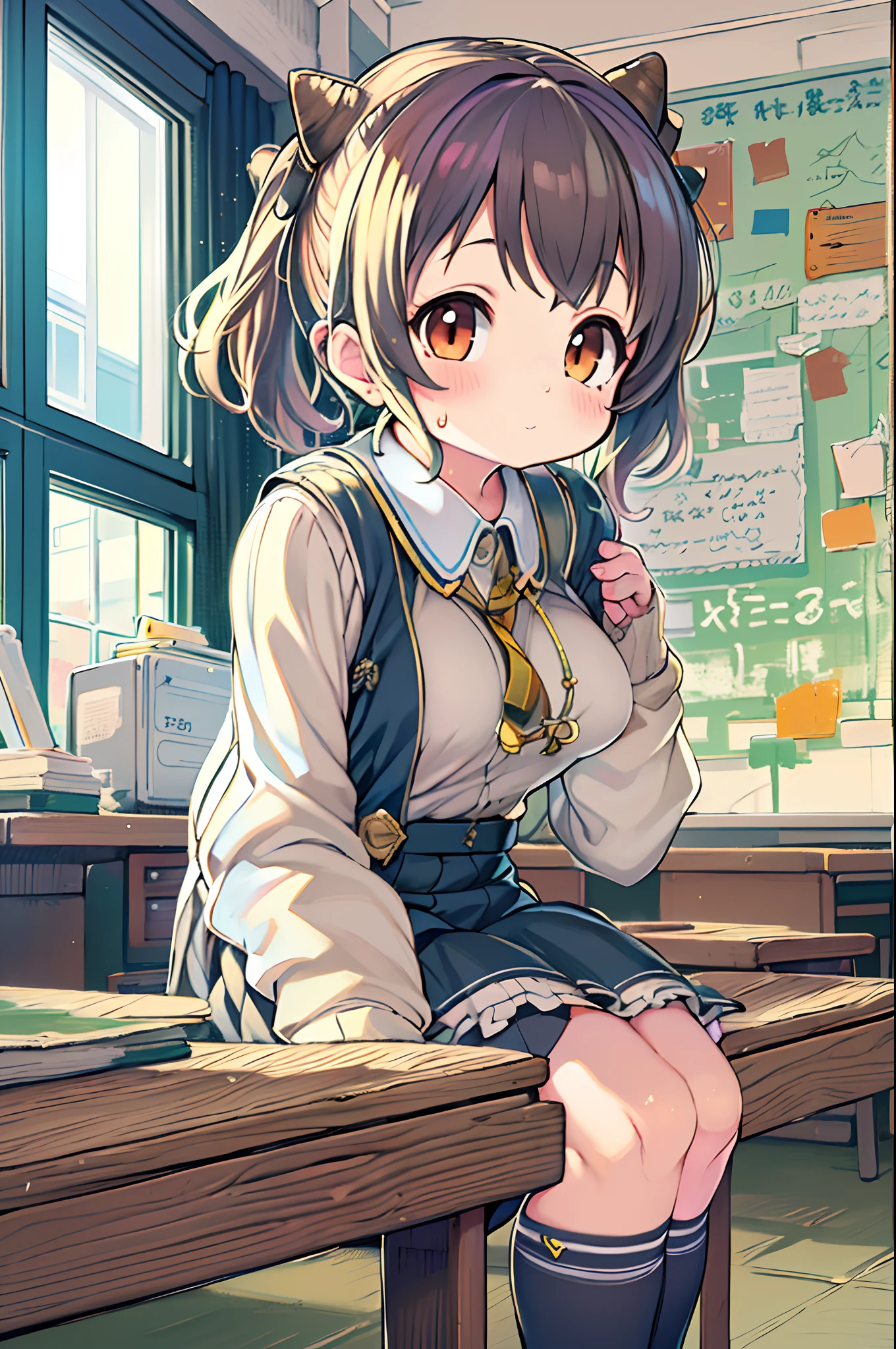 Anime girl sitting at desk in classroom with hand on chin, small curvy , Anime visuals of cute girls, Kantai Collection Style, anime moe art style, splash art anime lolist anime 4k konachan wallpaper, the anime girl is crouching, Cute anime girl, shikamimi, small loli girtramammy、bbw