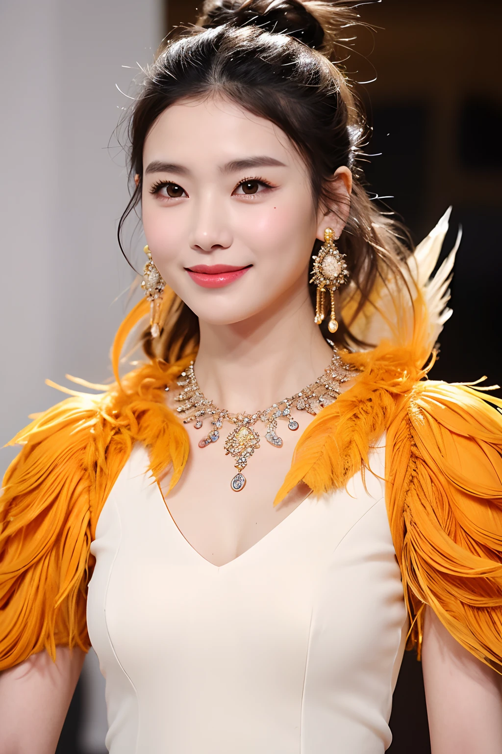 (extra detailed body、extra detailed face、best qualtiy:1.2)、femele、looking at the viewers、(a smile、Clothes with strong yellow contrast, Orange and white、Asymmetry、Earrings on bird feathers up to the shoulders、a necklace、)