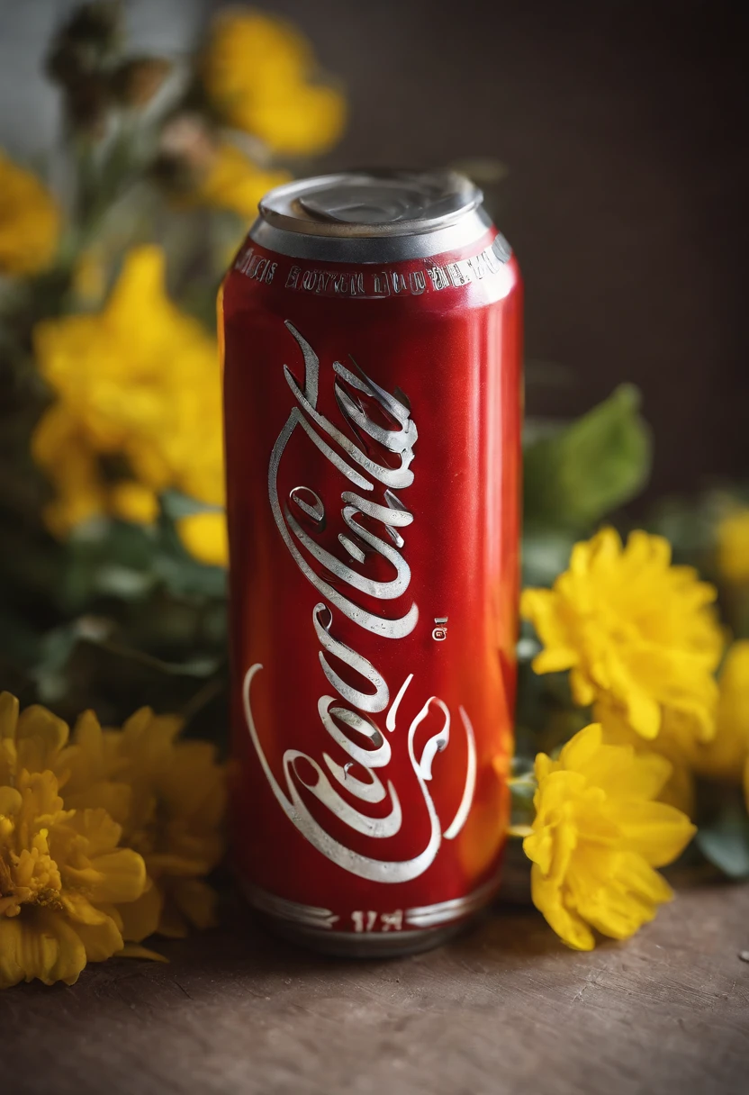 A squashed red Coca-Cola can,There are small yellow flowers inserted inside,Still life photography,professinal,high high quality