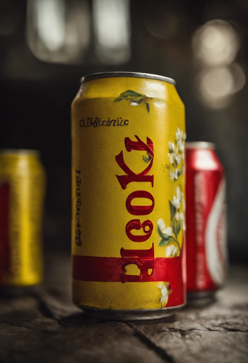 A squashed red Coca-Cola can,There are small yellow flowers inserted inside,Still life photography,professinal,high high quality