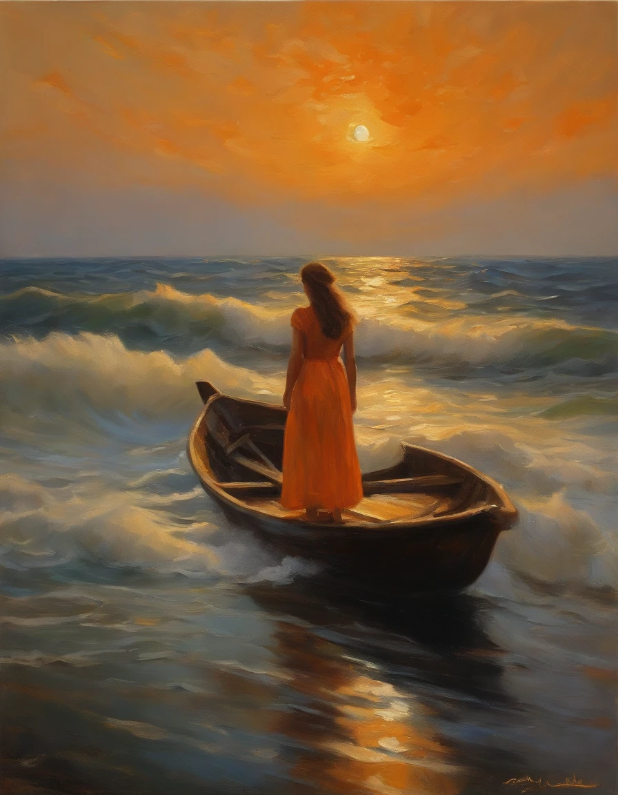 orange ocean, small wave, boat, girl on boat, oal, standing, profile, very wide view, (best quality, master piece), break, (Impressionists, oilpainting:1.3),