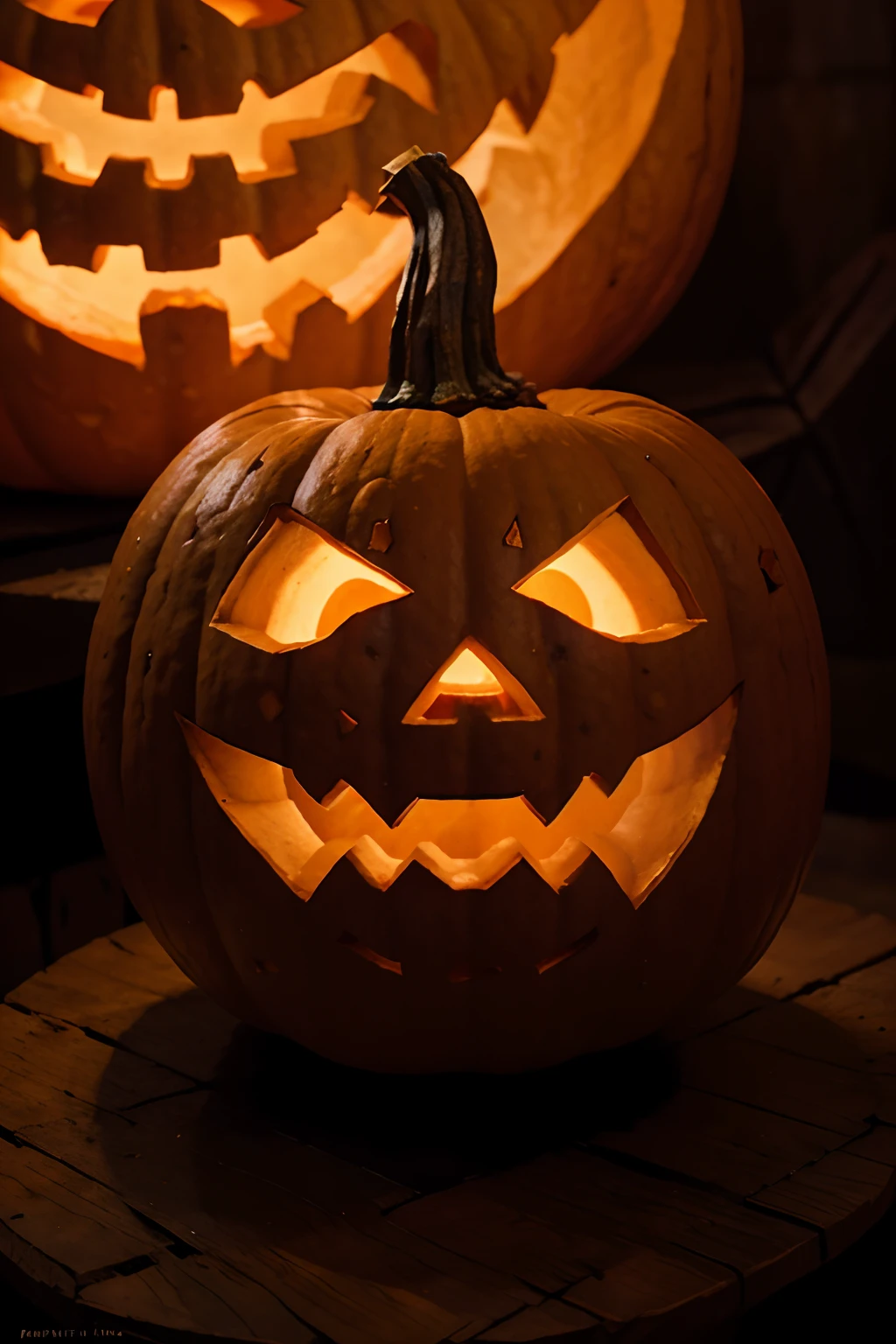 Por favor, create a high-quality, Halloween-style image of a pumpkin with a sculpted face. The pumpkin should be realistic and exhibit an authentic texture. carved into the pumpkin should have a typical Halloween style, uma atmosfera assustadora. The lighting should highlight the details of the sculpture and create an eerie atmosphere. The image must have a minimum resolution of 4000x6000 pixels. Make sure the carved pumpkin looks as realistic as possible, while still maintaining the signature Halloween style.