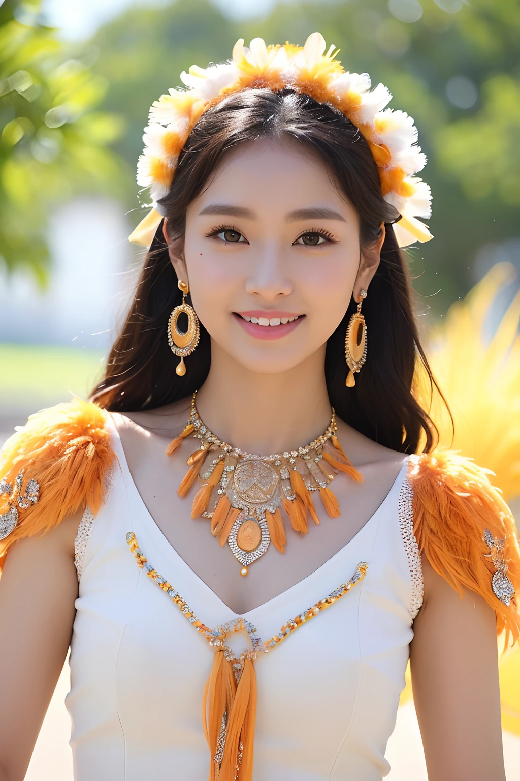 (extra detailed body、extra detailed face、best qualtiy:1.2)、femele、looking at the viewers、(a smile、Clothes with strong yellow contrast, Orange and white、Asymmetry、Earrings on bird feathers up to the shoulders、a necklace、)