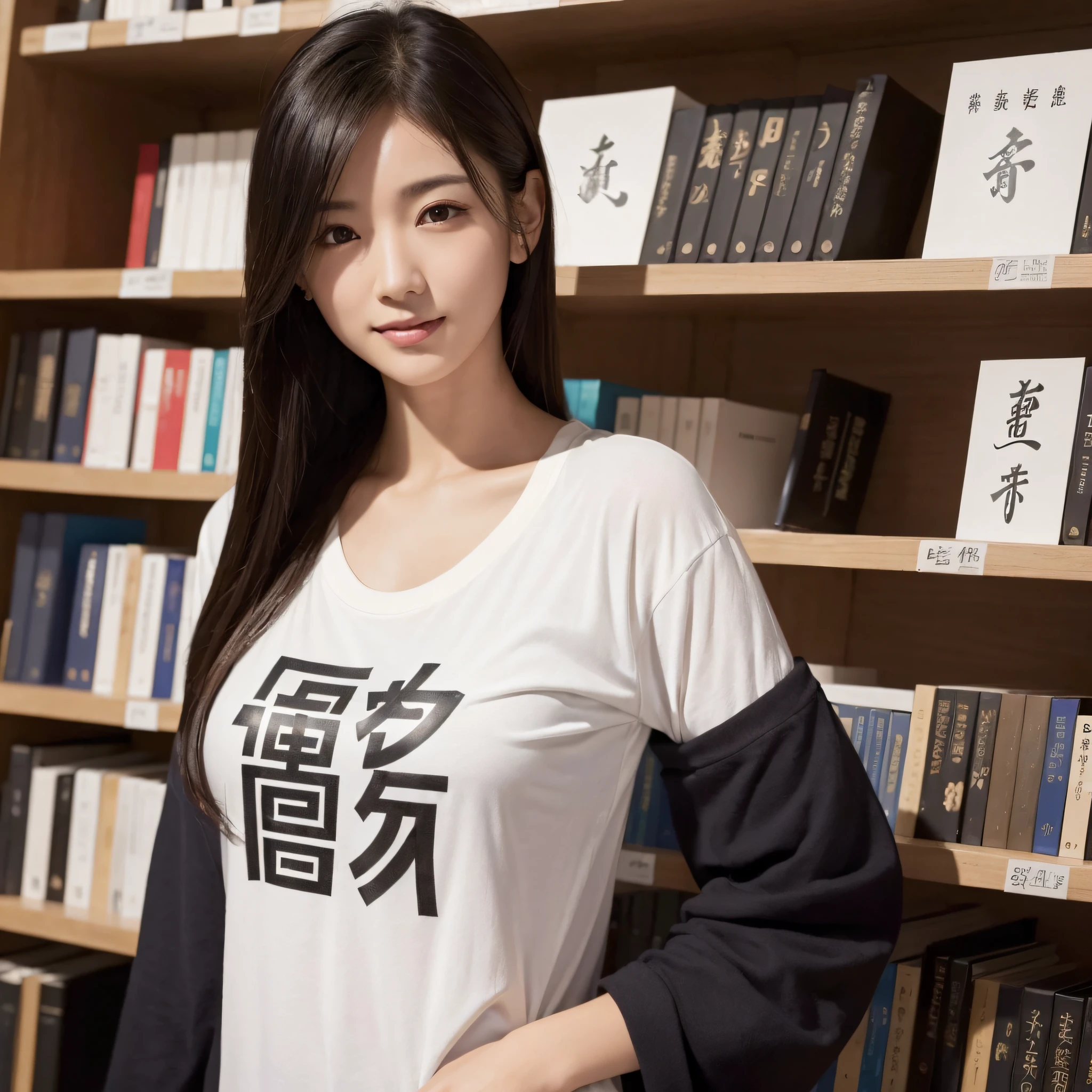One beauty、((best qualtiy、8k masterpieces:1.3))、foco nítido:1.2、(ultra beautiful faces:1.0)、(shinny skin:1.0)、photos realistic、A dark-haired、Video Lighting、High-definition eyes and face、Video Lighting、Japan idle、from the front side、medium breasts、Smile、Slender Abs Beauty、Whole body、Wearing a T-shirt with Japan kanji written on it、at the library