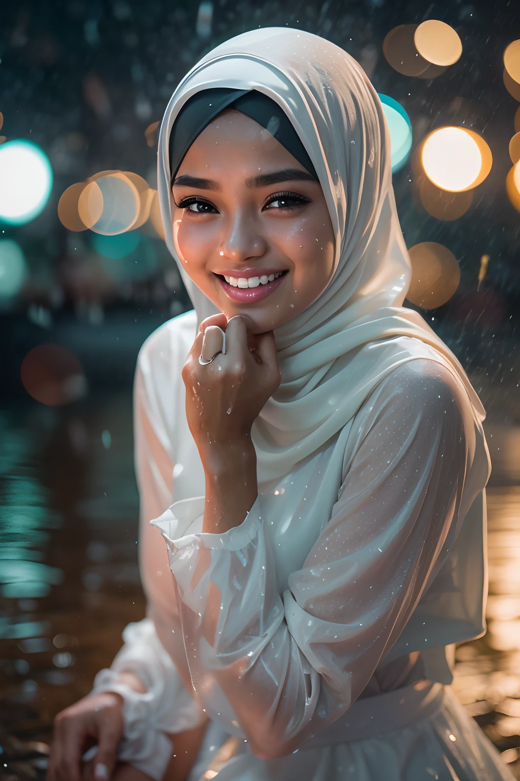 Portrait photography of a beautiful young malay girl in hijab wearing very wet white peplum dress, kneeling in heavy rain, nighttime, crowded beach background, bright lighting, smile and happy gesture, close up, small abs, small waist, wide hips, thick thighs, petite, detail skin texture, 4k, high detail, ultra detail, raining,