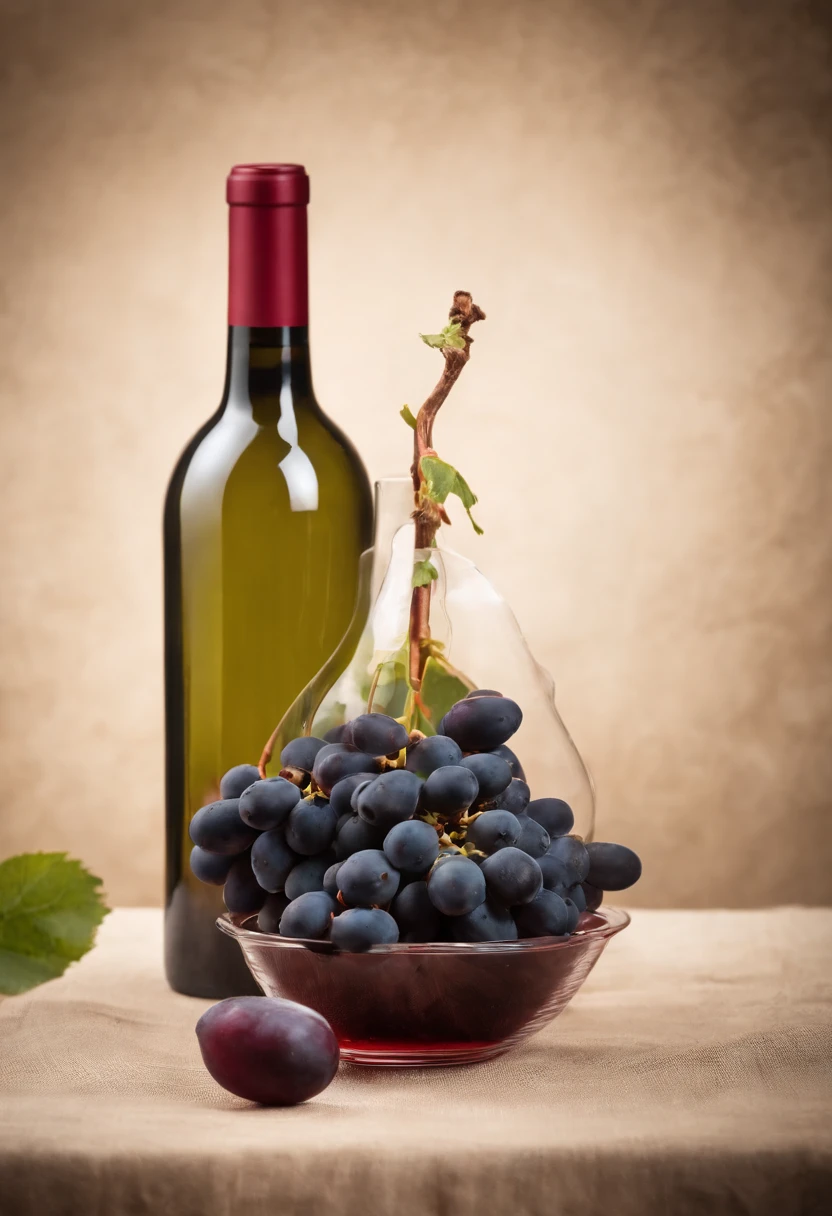 bottle of wine,The wine glass is filled with red wine,bunch of grapes,Still life photography,high high quality