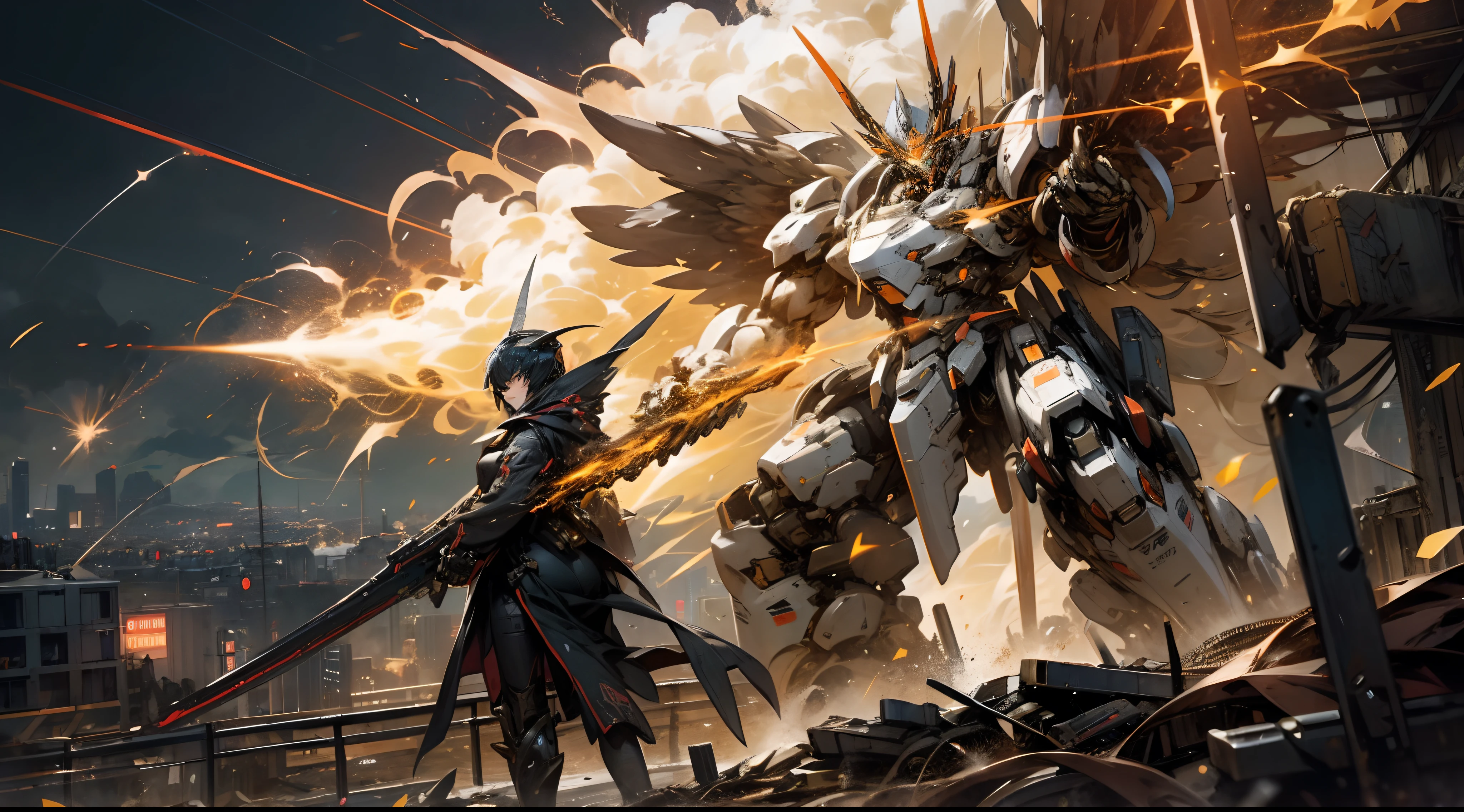 Imagine and illustrate a breathtaking scene of a Mech Angel engaged in a fierce battle with a formidable Mech Devil. The battleground could be a dystopian cityscape with crumbling buildings, illuminated by fiery explosions and sparks flying in all directions. The Mech Angel should radiate purity and righteousness with glowing energy wings, while the Mech Devil embodies darkness and malevolence with sinister features and menacing weaponry. Show the clash of technology and spirituality as these titans wage an otherworldly war for the fate of their realm.