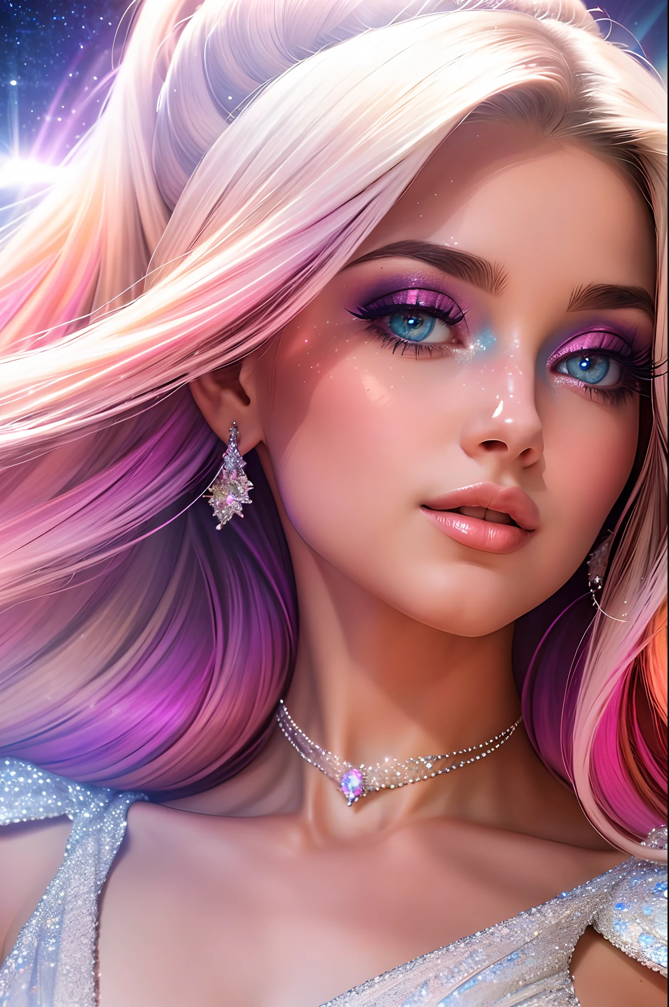 Gere uma imagem deslumbrante de uma mulher em sua melhor forma. Ela possui cabelos longos, brilhante, multicolored that seem to capture the light in a magical way. His eyes are mesmerizing, with a unique brilliance that reflects wisdom and grace. Your makeup is like a masterpiece, enhancing your natural features in a subtle and elegant way. A mulher veste um vestido de gala de alta costura, Covered in jewels that shine like stars in the night sky. The lighting is cinematic, com efeitos de luz deslumbrantes. This image is a celebration of beauty and sophistication.