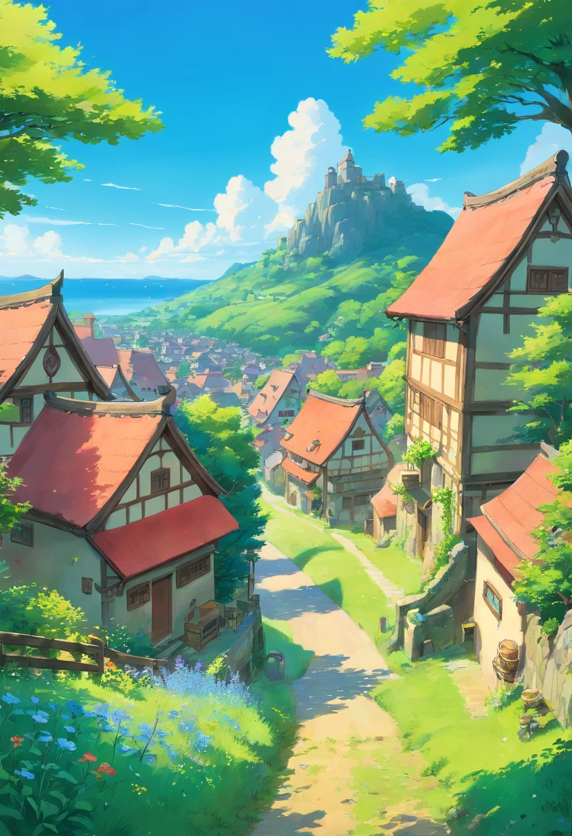 Scenery of meadows,Blue sky, Village district, anime big breast