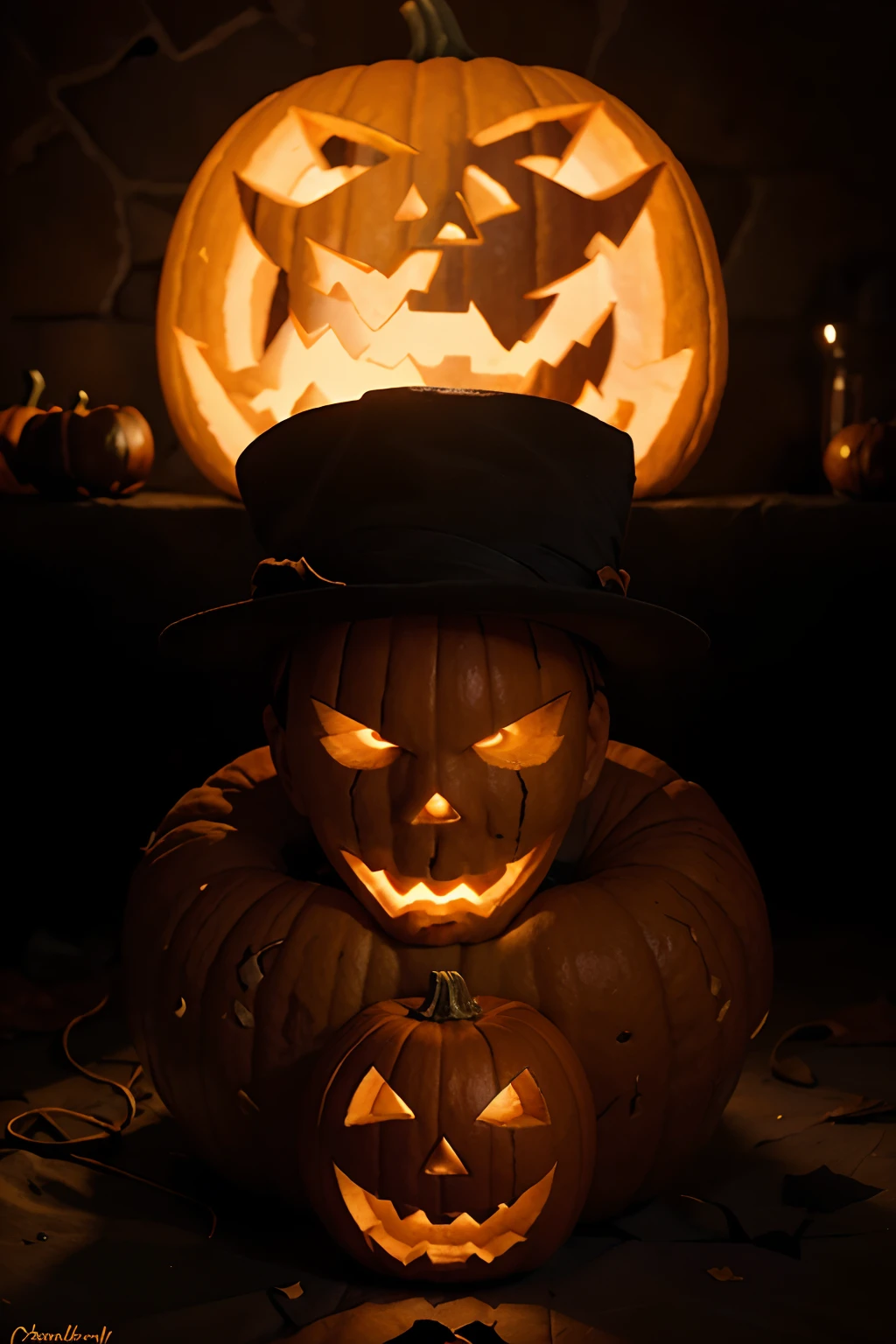 Por favor, create a high-quality, Halloween-style image of a pumpkin with a sculpted face. The pumpkin should be realistic and exhibit an authentic texture. carved into the pumpkin should have a typical Halloween style, uma atmosfera assustadora. The lighting should highlight the details of the sculpture and create an eerie atmosphere. The image must have a minimum resolution of 4000x6000 pixels. Make sure the carved pumpkin looks as realistic as possible, while still maintaining the signature Halloween style.