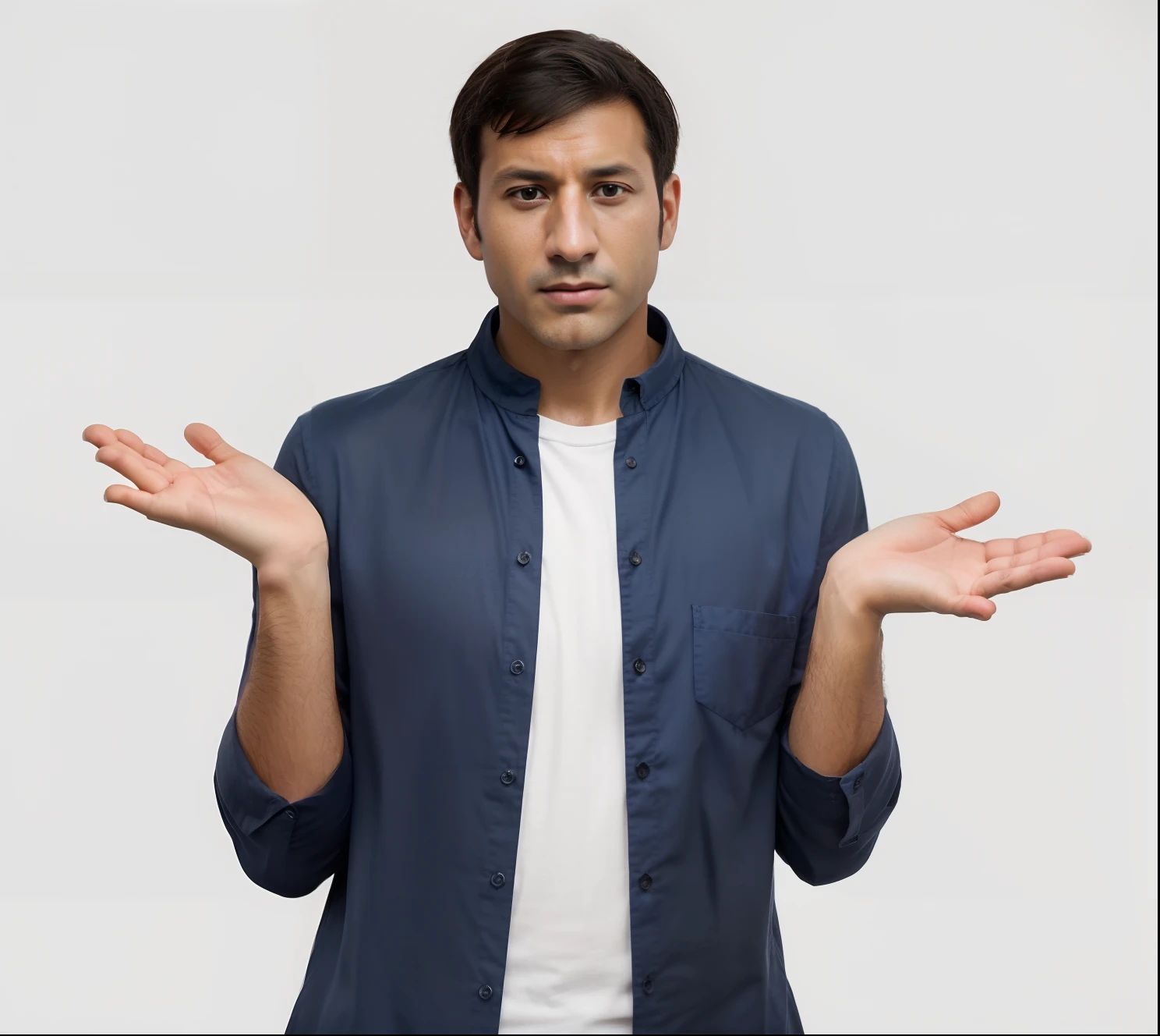 arafed man in a blue shirt is making a face with his hands, confused facial expression, confused expression, looking confused, confused, man esthete with disgust face, annoyed facial expression, annoyed expression, h3h3, shocked expression, shrugging arms, serious and stern expression, surprised expression, frustrated expression, sad exasperated expression, highly detailed, elegant, pinterest, artstation, smooth, sharp focus, 8k, full shot, 105mm portrait lens, film grain, Fujifilm XT3 photorealistic painting art by midjourney and greg rutkowski
