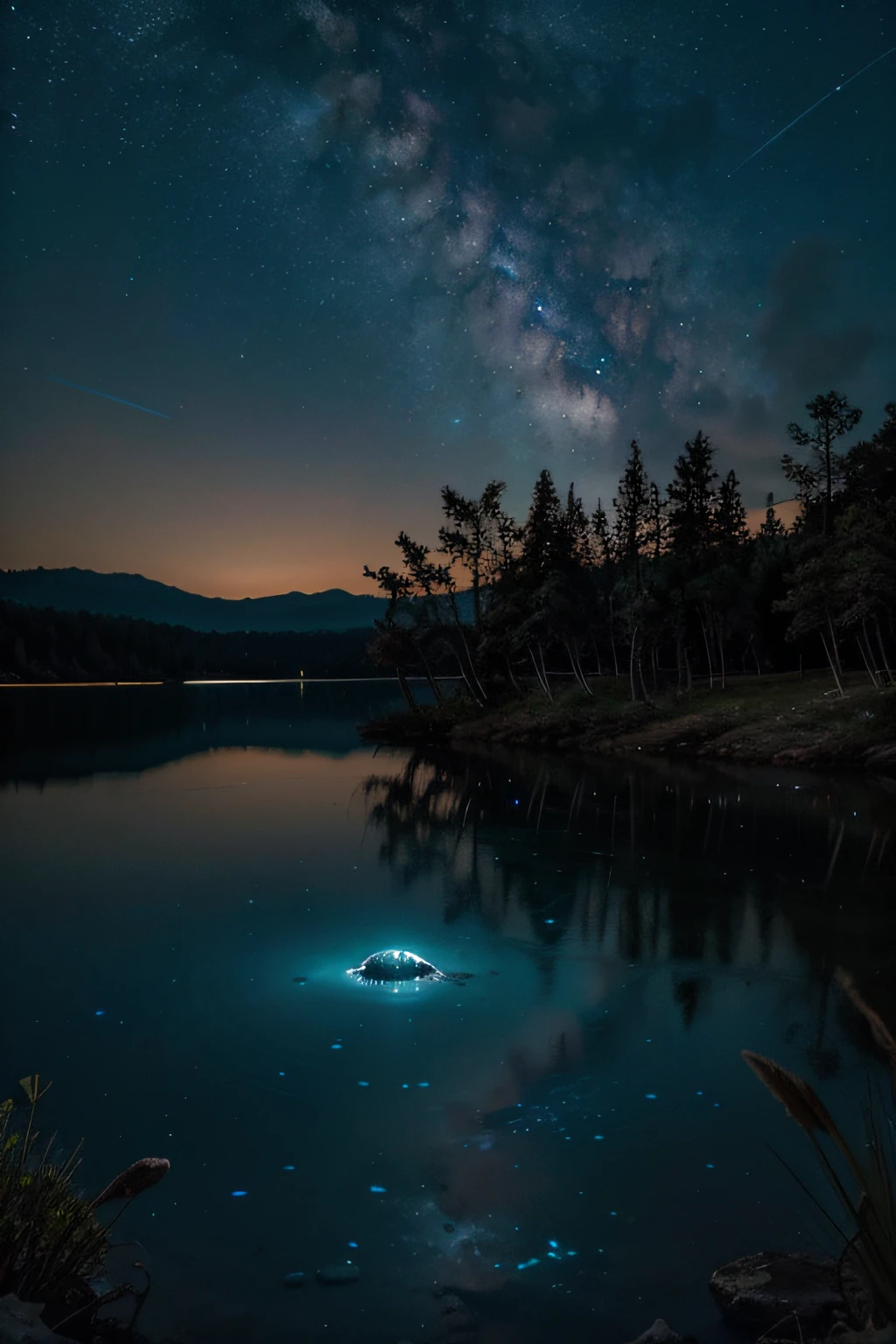 A strange and mysterious lake with bioluminescent plants, it's beautiful and detailed. We see the galaxy in the distance
