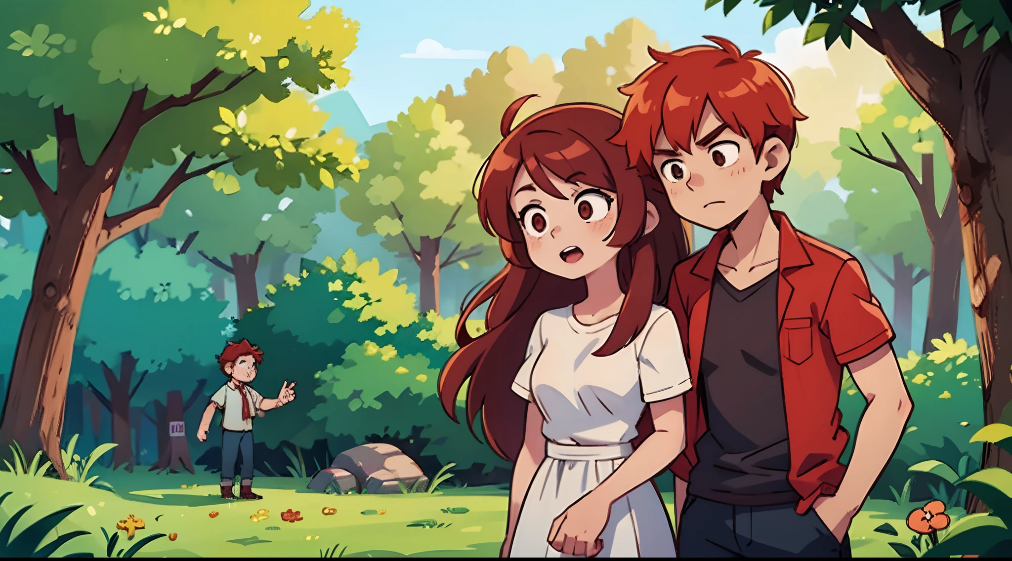 2 couples a red haired guy with a brown hair girl in forest