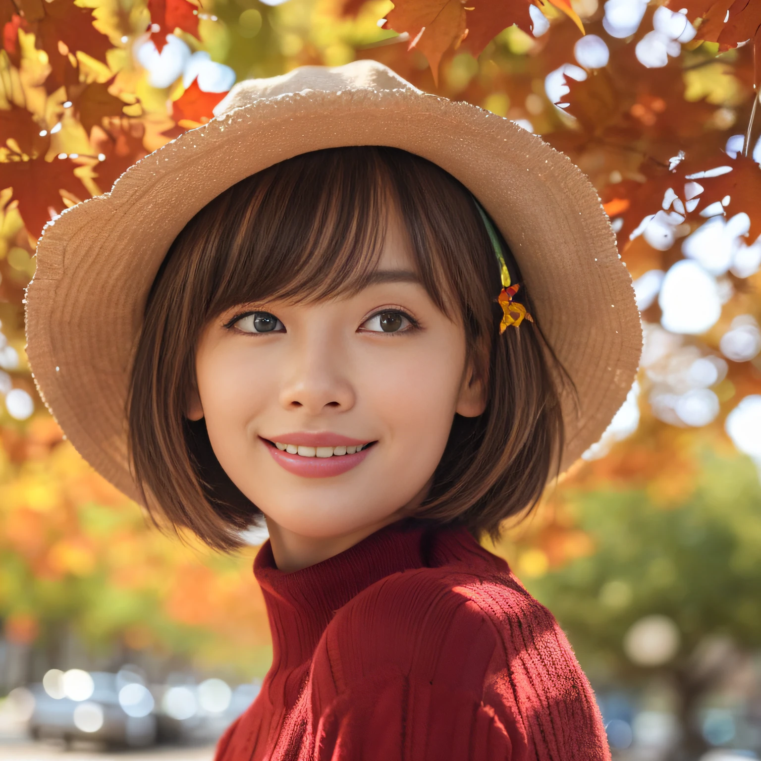 (masutepiece:1.4, top-quality、Very attractive adult beauty with a very cute smile:1.4、Add intense highlights to the eyes:1.4、Look firmly at the camera、Beautiful woman full of adult charm:1.4),1girl in, 独奏, Light brown shiny hair, muffler,Santa Claus hat:1.4,realisitic, looking at the viewers, Bright colored crystal light blue eyes:1.4, short shiny hair, Santa Claus Starneck Knit、 Red and white costume of Santa Claus in turtleneck with round hole in the center of the chest:1.4,Sexy red and blue turtleneck knit sweater with round hole in the center of chest:1.4、 s lips, lipgloss:1.4,bangss, The upper part of the body、big eye、Lashes、The face is a little red:1.4、Embarrassing)、((Canadian tree-lined avenues in autumn:1.4))、((Shorthair with bangs、big eye、Put very strong highlights in your students:1.4、{Gigantic|Big|Huge|Mega} breasts:1.4、very Bigger breasts、gazing at viewer、Very beautiful beauty、Put your ears out:1.4、long neck:1.4、little smiling、Beautiful teeth、Open your mouth and smile:1.4))、28 year old:1.4、Very cute supermodel:1.4、