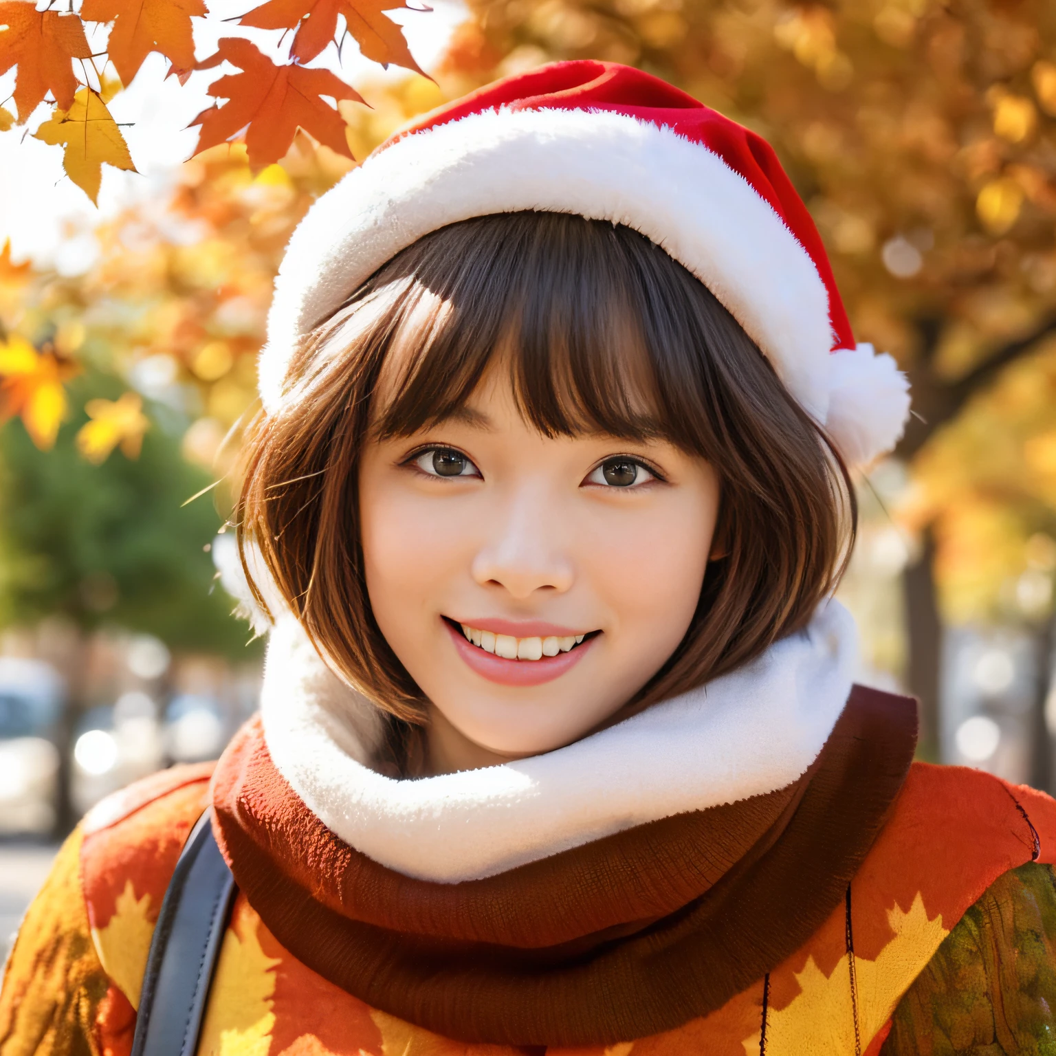 (masutepiece:1.4, top-quality、Very attractive adult beauty with a very cute smile:1.4、Add intense highlights to the eyes:1.4、Look firmly at the camera、Beautiful woman full of adult charm:1.4),1girl in, 独奏, Light brown shiny hair, muffler,Santa Claus hat:1.4,realisitic, looking at the viewers, Bright colored crystal light blue eyes:1.4, short shiny hair, Santa Claus Starneck Knit、 Red and white costume of Santa Claus in turtleneck with round hole in the center of the chest:1.4,Sexy red and blue turtleneck knit sweater with round hole in the center of chest:1.4、 s lips, lipgloss:1.4,bangss, The upper part of the body、big eye、Lashes、The face is a little red:1.4、Embarrassing)、((Canadian tree-lined avenues in autumn:1.4))、((Shorthair with bangs、big eye、Put very strong highlights in your students:1.4、{Gigantic|Big|Huge|Mega} breasts:1.4、very Bigger breasts、gazing at viewer、Very beautiful beauty、Put your ears out:1.4、long neck:1.4、little smiling、Beautiful teeth、Open your mouth and smile:1.4))、28 year old:1.4、Very cute supermodel:1.4、