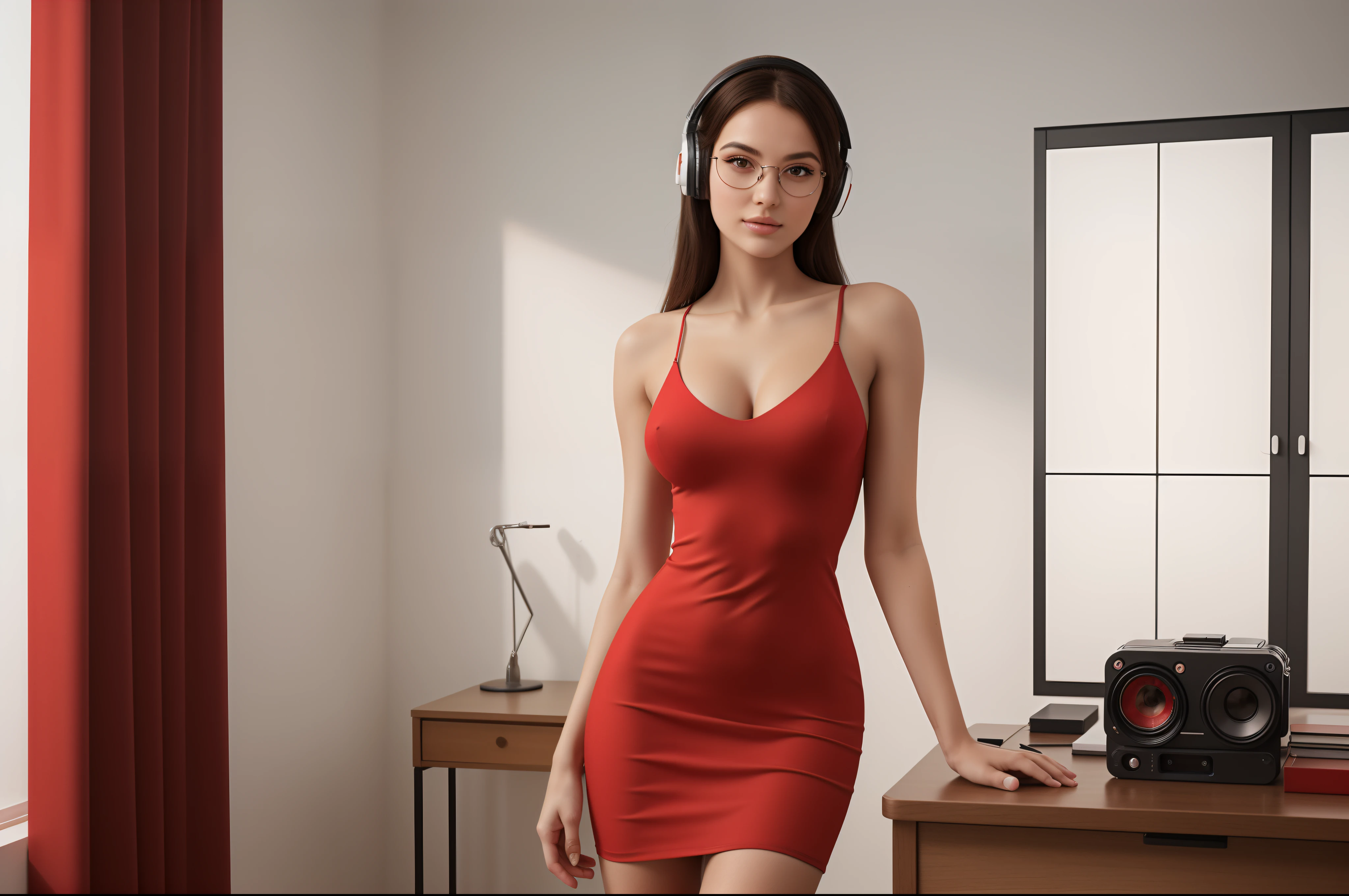 ((upper-body, cinematic-shot)),(best quality,4k,8k,highres,masterpiece:1.2),ultra-detailed,(realistic,photorealistic,photo-realistic:1.37),(((1girl))),(18years old),[the face is combination of (((irene1:1.2))) and (((Excella_er5:1.2)))],(sharp focus:1.5),pearl skin,(skin pores:1.1),extremely detailed face and skin texture,(skin texture:1.1),black hair,tall and slender body,(192cm tall),thin and delicate figure,graceful posture,strong and defined muscles,flawless skin,defined abs,perfect curves,feminine appearance,beautiful long legs,embodying elegance and beauty,cleavage breasts,((see-through red color dress:1.3)),(no panty),(ultra-short dress),vibrant colors,extremely detailed and realistic (red) clothes,(colorful),(film grain:1.3),kodak vision 3,focused,studying,books,(headphone),desk,(glasses),sunshine,notebook,pen,knowledge,learning,curiosity,intelligence,concentration,education,academic,studio lighting,professional photography.