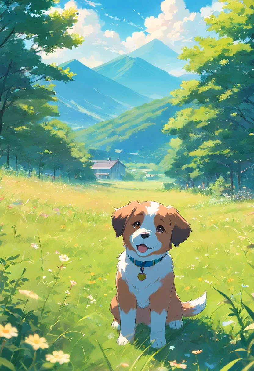 Scenery of meadows,Blue sky,Cute puppy
