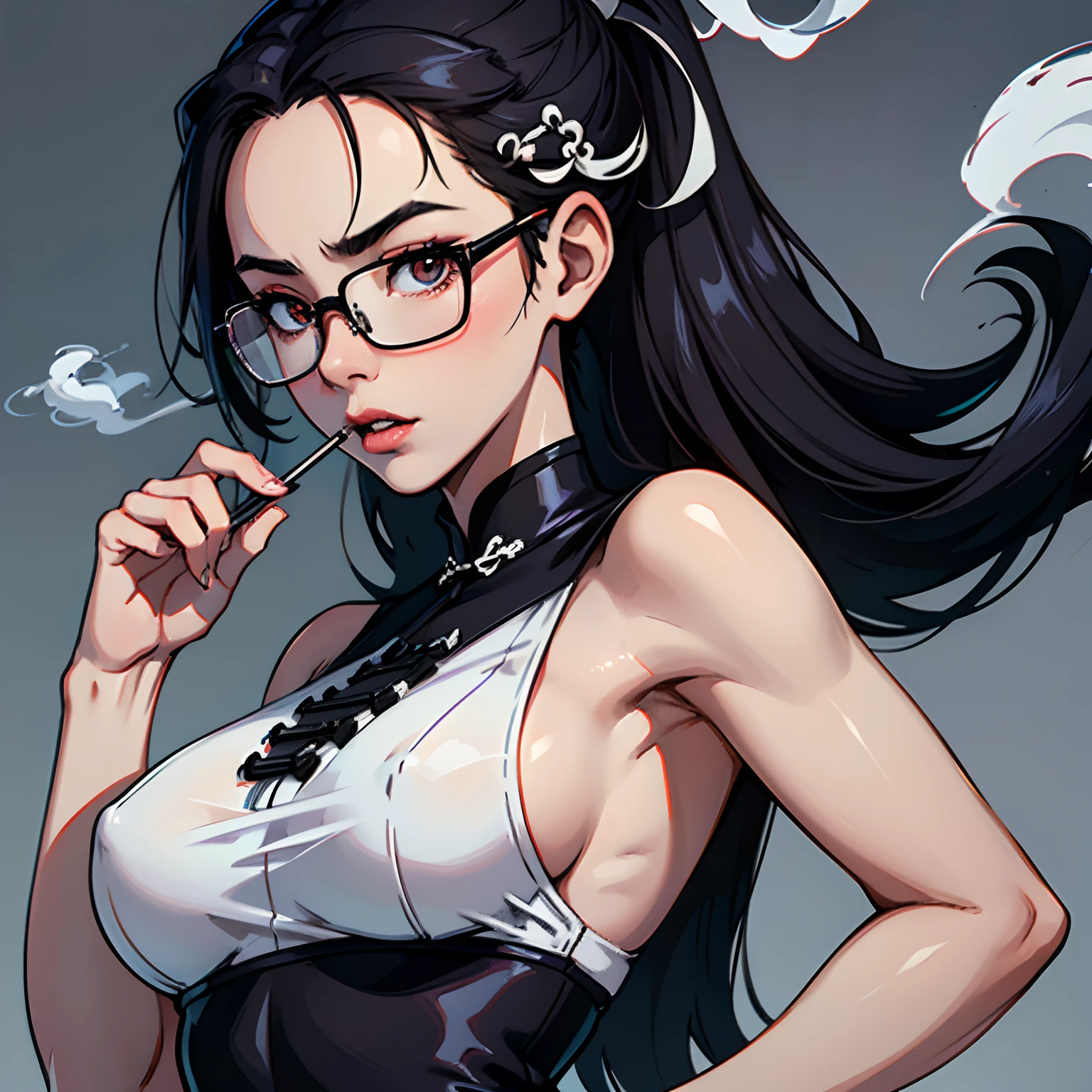 Chinese girl smokes from mouth and wears glasses, half black and half white, standing showing her perfect figure, perfect height, beautiful body, rich close-up, ultra high definition image, high attention to detail, level of detail, Chinese style, smoke Art,Glamour,Darkness,Extra Dimensions,8K --auto