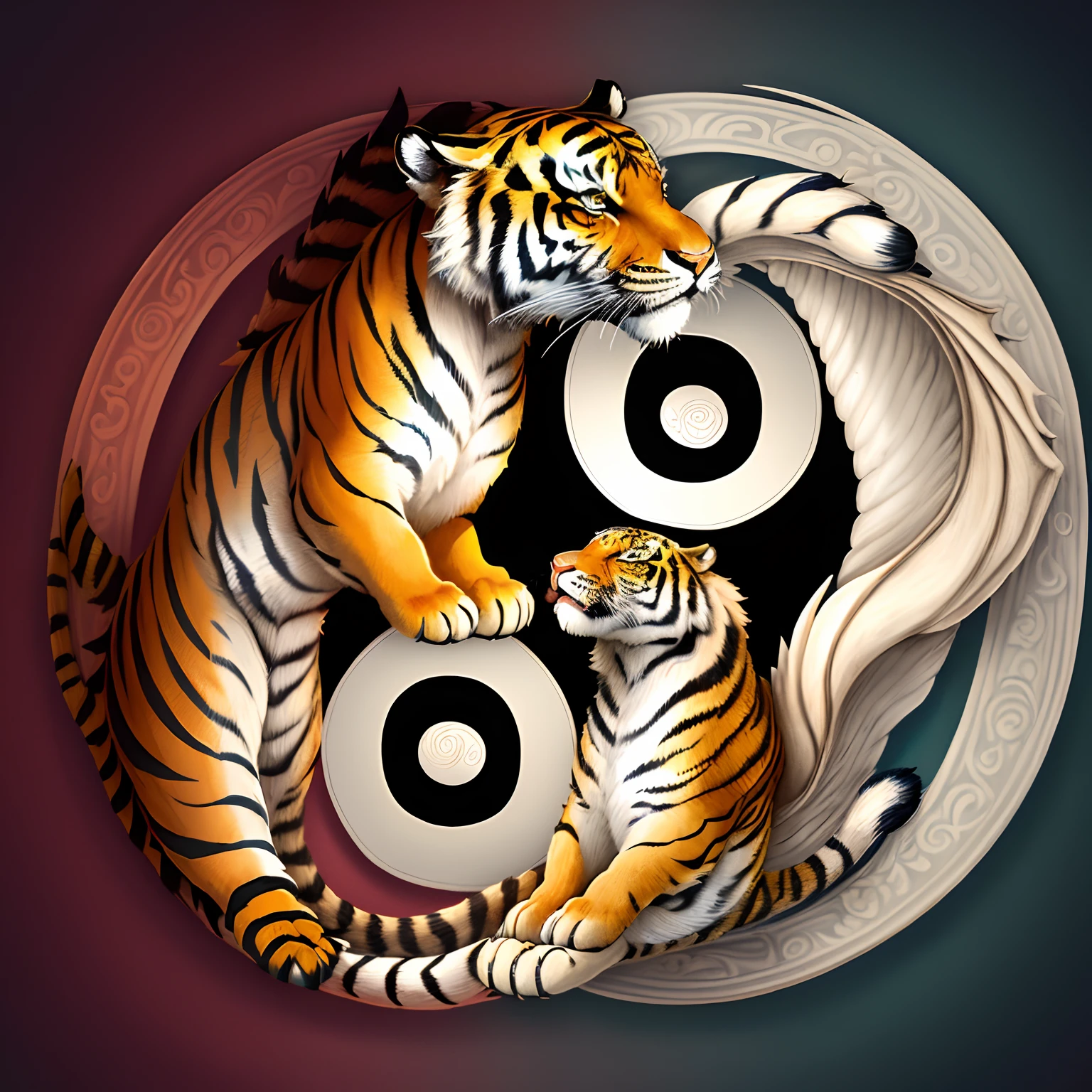 Draw a tiger and a dragon inside the yin yang symbol