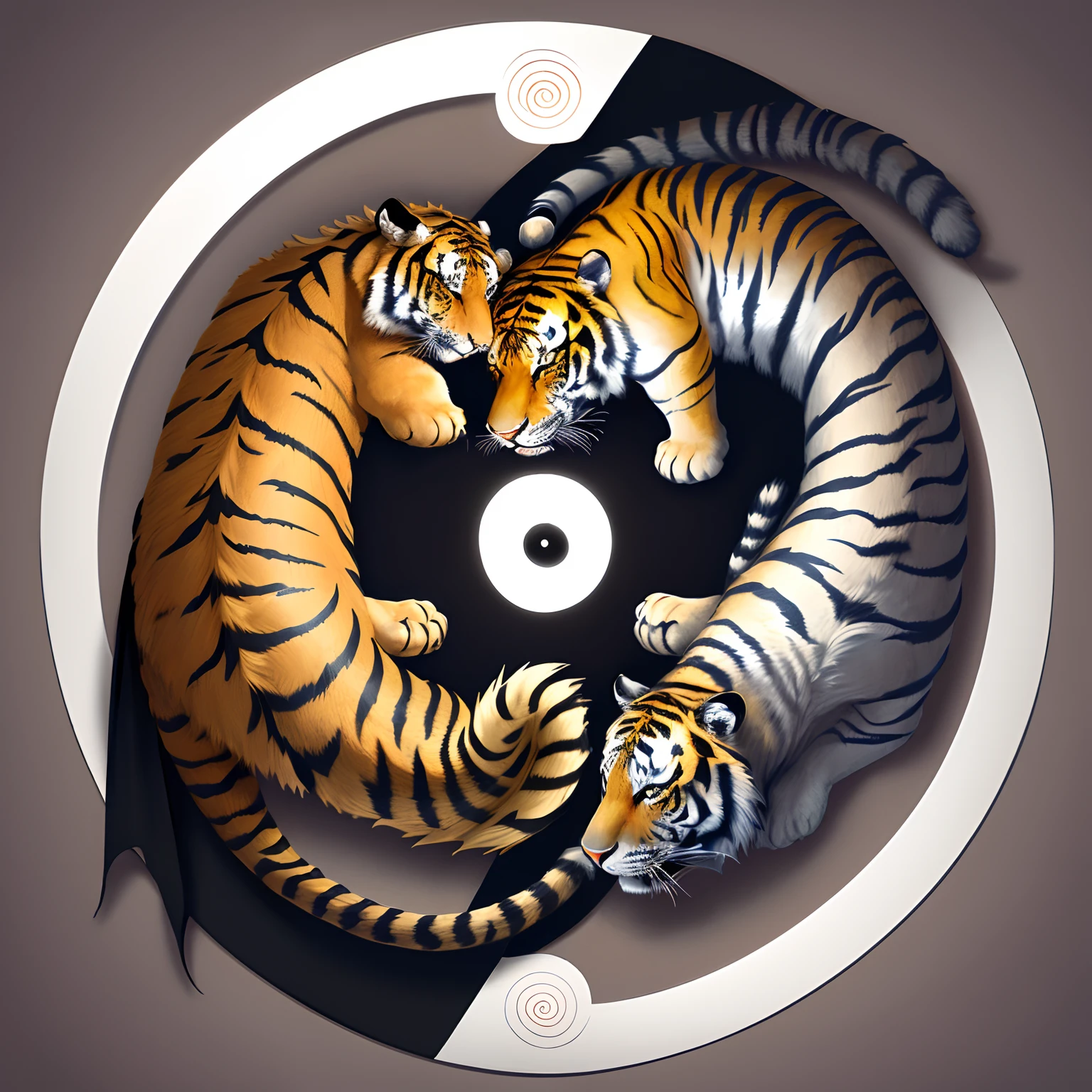 Draw a tiger and a dragon inside the yin yang symbol