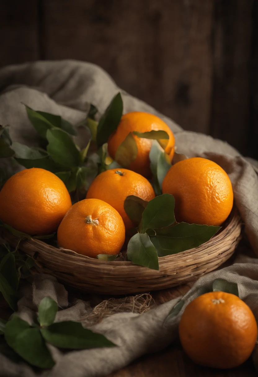 On the wooden table，Small sacks，Fresh oranges，With a little leaves，Still life photography
