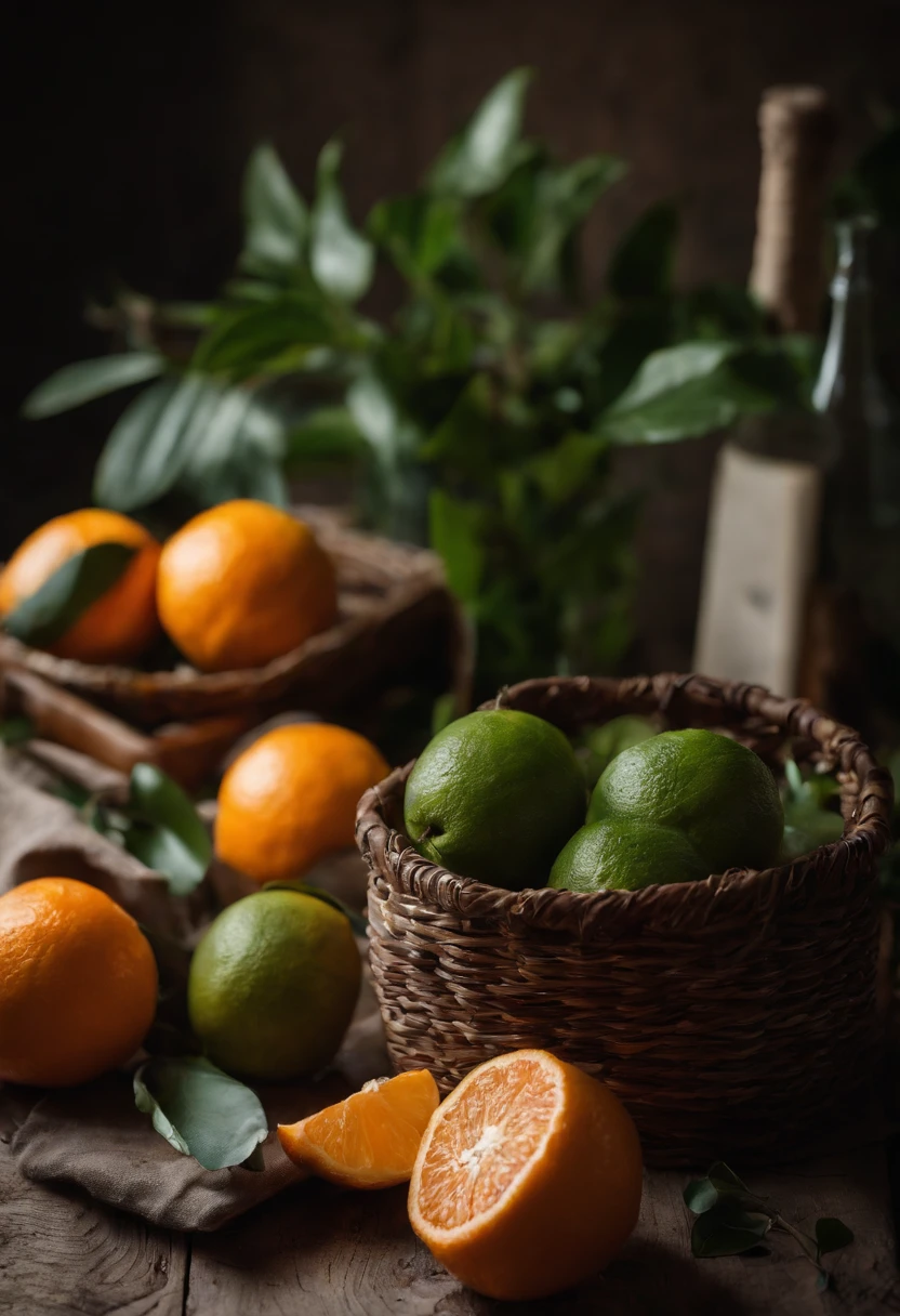 On the wooden table,Small sacks,Fresh oranges,With a little leaves,Still life photography