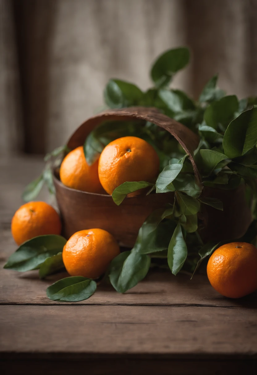 On the wooden table,Small sacks,Fresh oranges,With a little leaves,Still life photography