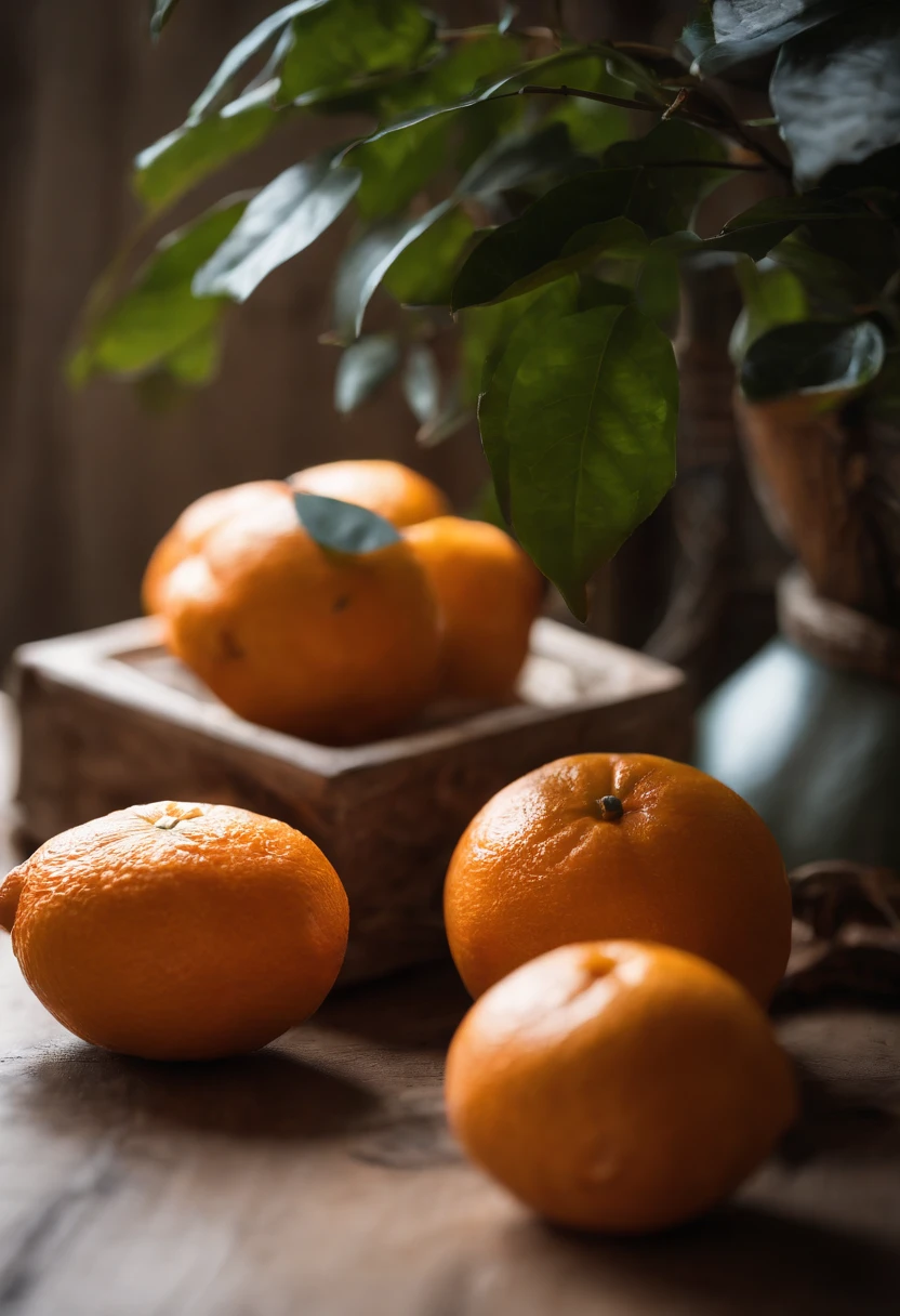 On the wooden table,Small sacks,Fresh oranges,With a little leaves,Still life photography