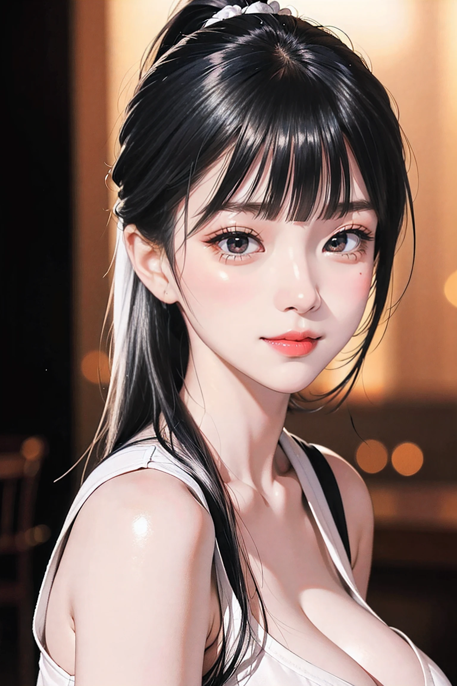 ((High Ponytail:1.5)),(((Blunt bangs,Straight bangs:1.1))),(((Very long black hair, Ridiculously long black hair:1.1))),Simple white background, White shirt,cleavage, 鎖骨,off shoulders,bra strap, Black hair,Blue eyes, Blunt bangs, Long hair, 1 girl, 20yr old,infp young woman,Beautiful Finger,Beautiful long legs,Beautiful body, Beautiful nose,Beautiful character design, Perfect eyes, Perfect face,Expressive eyes,Perfect balance, Looking at Viewer,(Focus on her face),Closed mouth, (Innocent_Big_Eyes:1.0),(light_Smile:0.3), Official art,the Extremely Detailed CG Unity 8K Wallpapers, Perfect Lighting,Colorful, Bright_front_Face_Lighting,White skin, (masutepiece:1.0),(best_quality:1.0), 超A high resolution,4K,Ultra-detailed, Photography, 8K, nffsw, hight resolution, absurderes:1.2, Kodak Portra 400, Film grain, Blurry background, Bokeh:1.2, Lens Flare, (Vibrant_Color:1.2),professional photograpy, (Beautiful,Large_breasts:1.4), (Beautiful_Face:1.5),(narrow_waist),