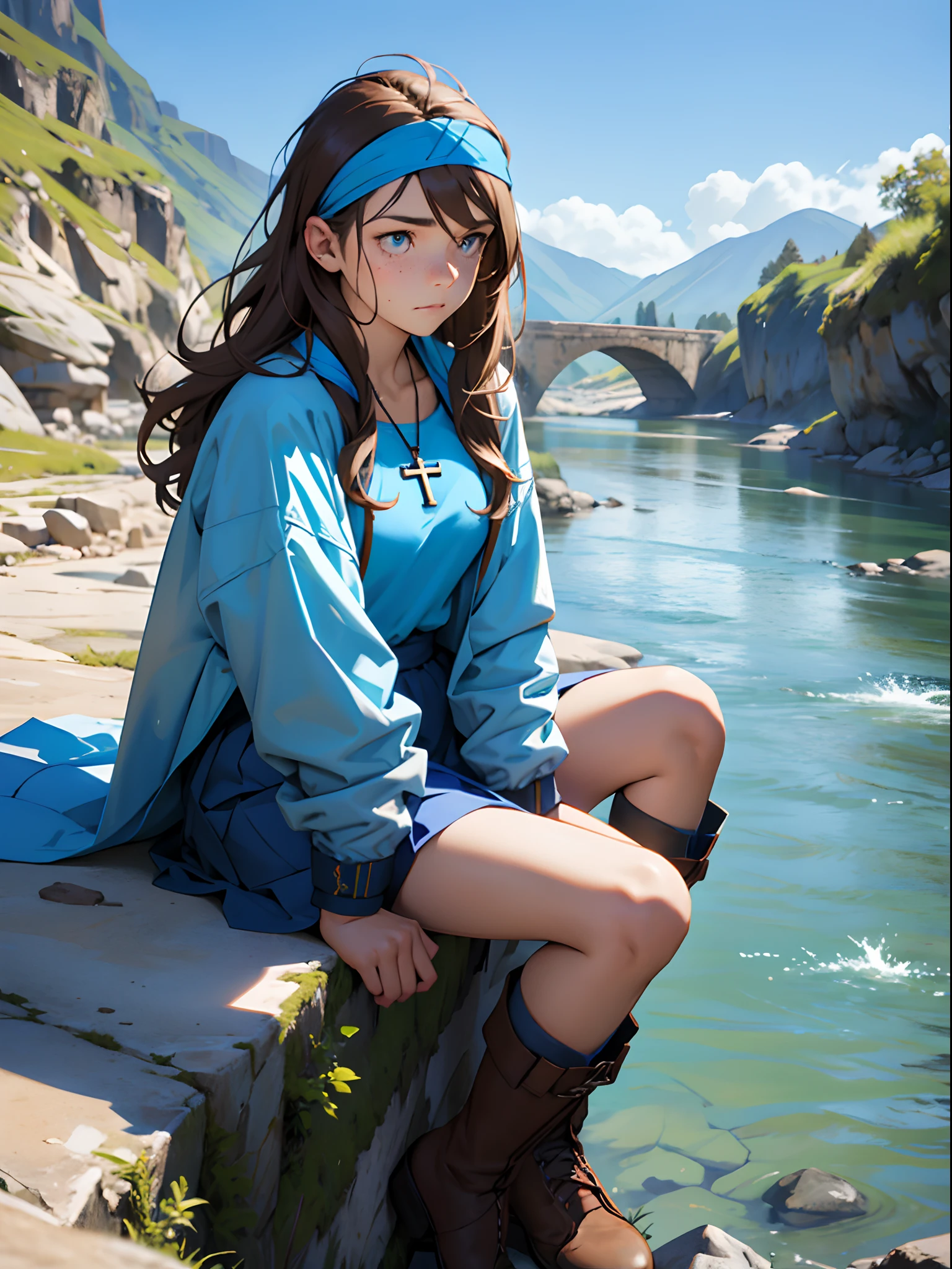 girl with blue coat, SKY blue t-shirt, blue skirt, Brown high boots, white cross necklace, long Brown hair, sky blue headband, many freckles, river background, sitting near river, thinking pose, sad eyes