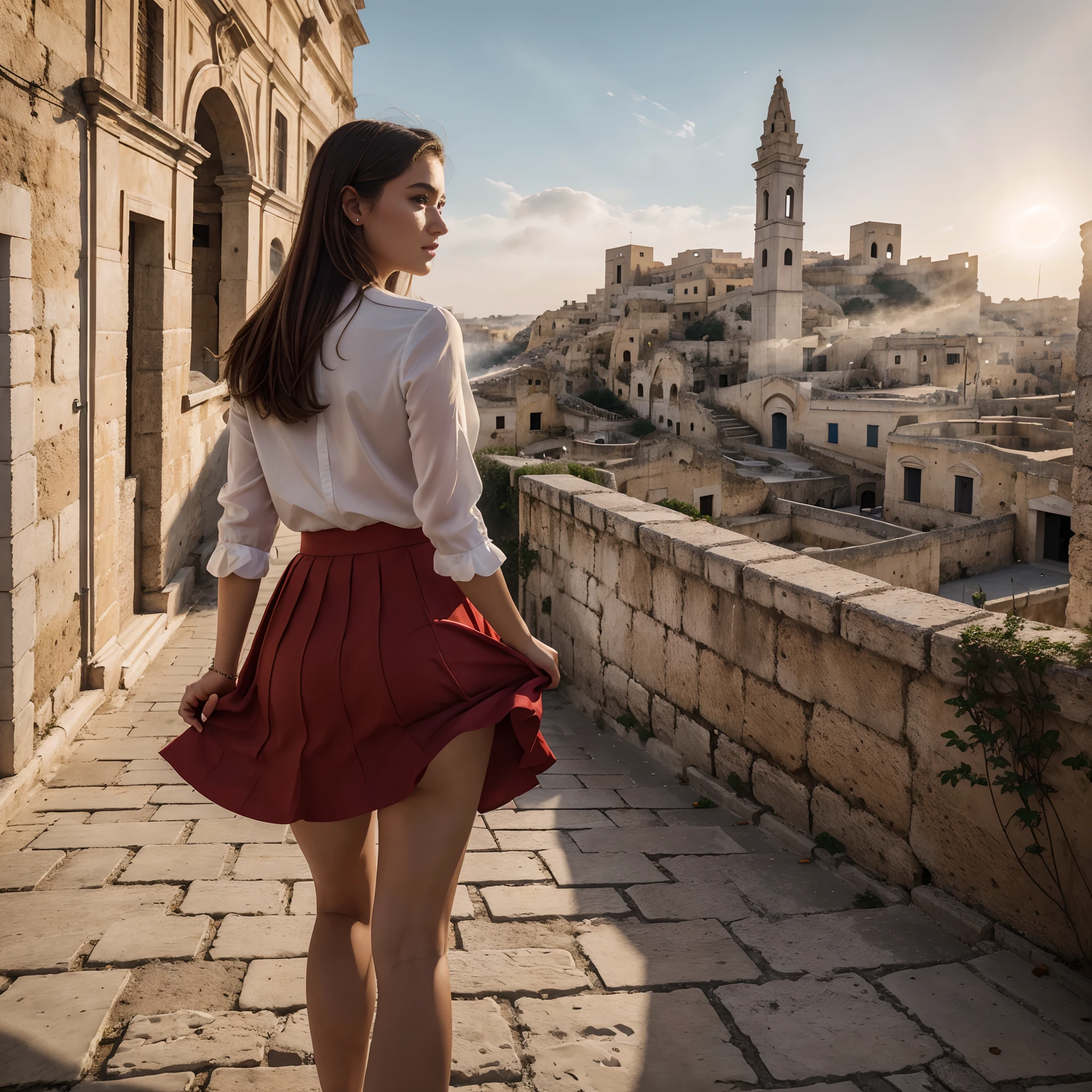 Girl wears a medium red skirt, windyupskirt, wind moves skirt showing her perfect ass. ((extreme detail)), (ultra-detailed), best quality, ultra high res, (8k, RAW photo, masterpiece, realistic, photorealistic:1.4), 8k uhd, dslr, absurdres, ray tracing, high quality texture, intricate details, detailed texture, finely detailed. Photo of a girl. She eats a piece of pizza. She walks down the streets of Matera. Outdoor in Sassi of Matera. Matera's Cathedral in background. All around signs of destruction, broken walls, collapsed buildings, (smoke, fire, fog), Beautiful perfect face. smooth skin, real pores, from behind, looking back at the viewer, best quality, fine details, {{masterpiece, best quality, extremely detailed CG, unity 8k wallpaper, cinematic lighting, lens flare}}.