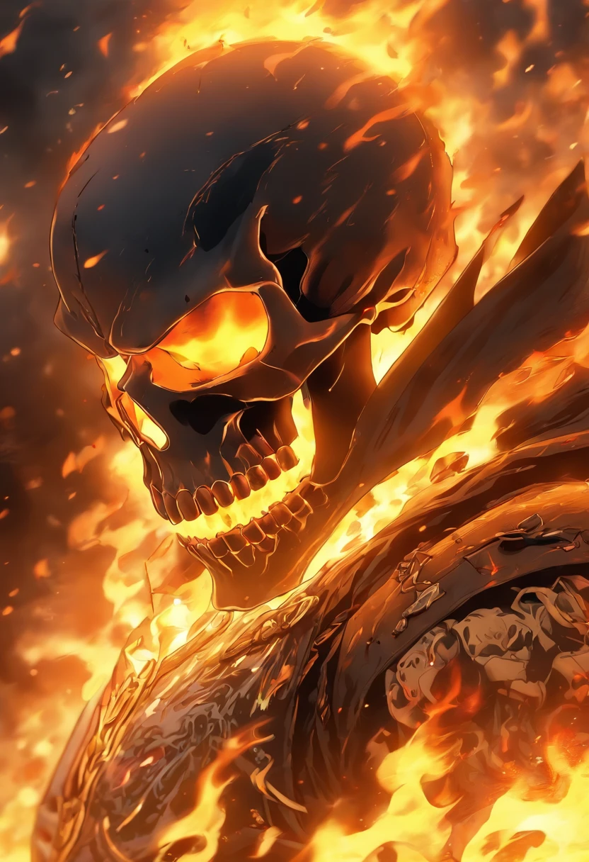 (RAW Photo, Best Quality), (Realistic, Photorealistic Photo: 1.3), Best Quality, Highly Detailed, Masterpiece, Ultra Detailed, Illustration, ghost rider, burning skull, black jacket, black jeans, black shoes, epic background, standing angry with big flame, upper body, ghost riders costume, Best Quality, Extremely Detailed CG Unified 8k Wallpaper, Ink, Amazing, badass look, portrait, high detail (skull texture), intricately detailed, fine details, hyperdetailed.