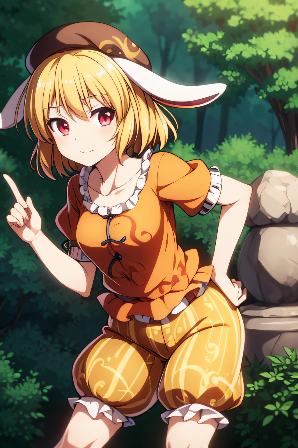 ringo \(touhou\), blonde hair, short hair, cabbie hat, orange shirt, navel, rabbit ears, red eyes, collarbone, frilled dress, yellow shorts,