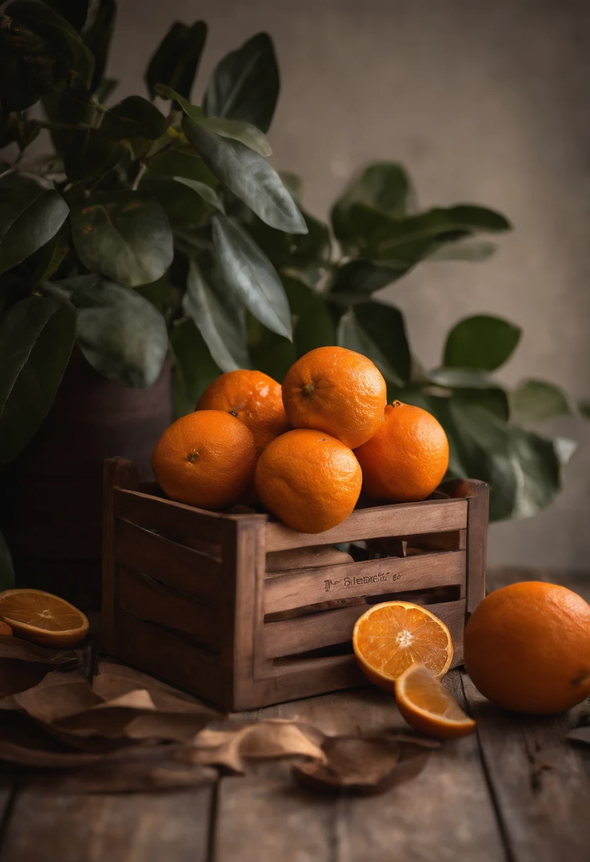 On the wooden table,A small box of oranges,fresh,Decorate a few leaves,Still life photography