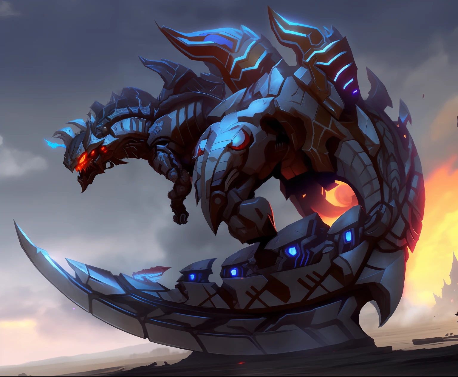 There's a dragon that's standing on a skateboard, darksiders art style, Estilo Darksiders, well armored mech dragon, Zerg Hydralisk, Robot Dragon Claws, Arte de armas de Warcraft Blizzard, Sharp robot dragon claws, Concepto de arte mecanizado, Arte Zoids, Dios griego en estilo mecha, male robotic anthro dragon, Infundido con hidralisk zerg