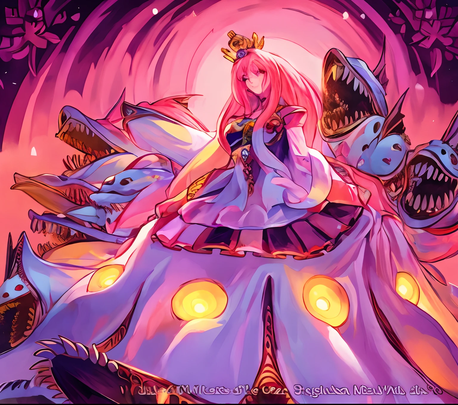 chica anime con un vestido rodeada de monstruos, Diosa malvada, La Reina de las Cuchillas, Real Life Big Mom, Nos, Sacerdotisa medusa, Ilustraciones de Yugioh, Chica calamar hembra rosa humanoide, Reina del Mar Mu Yanling, Dios Medusa, Reina del Mar, Epic Fantasty Card Game Art, Arte Oficial, Ilustraciones oficiales, Reina de las cuchillas