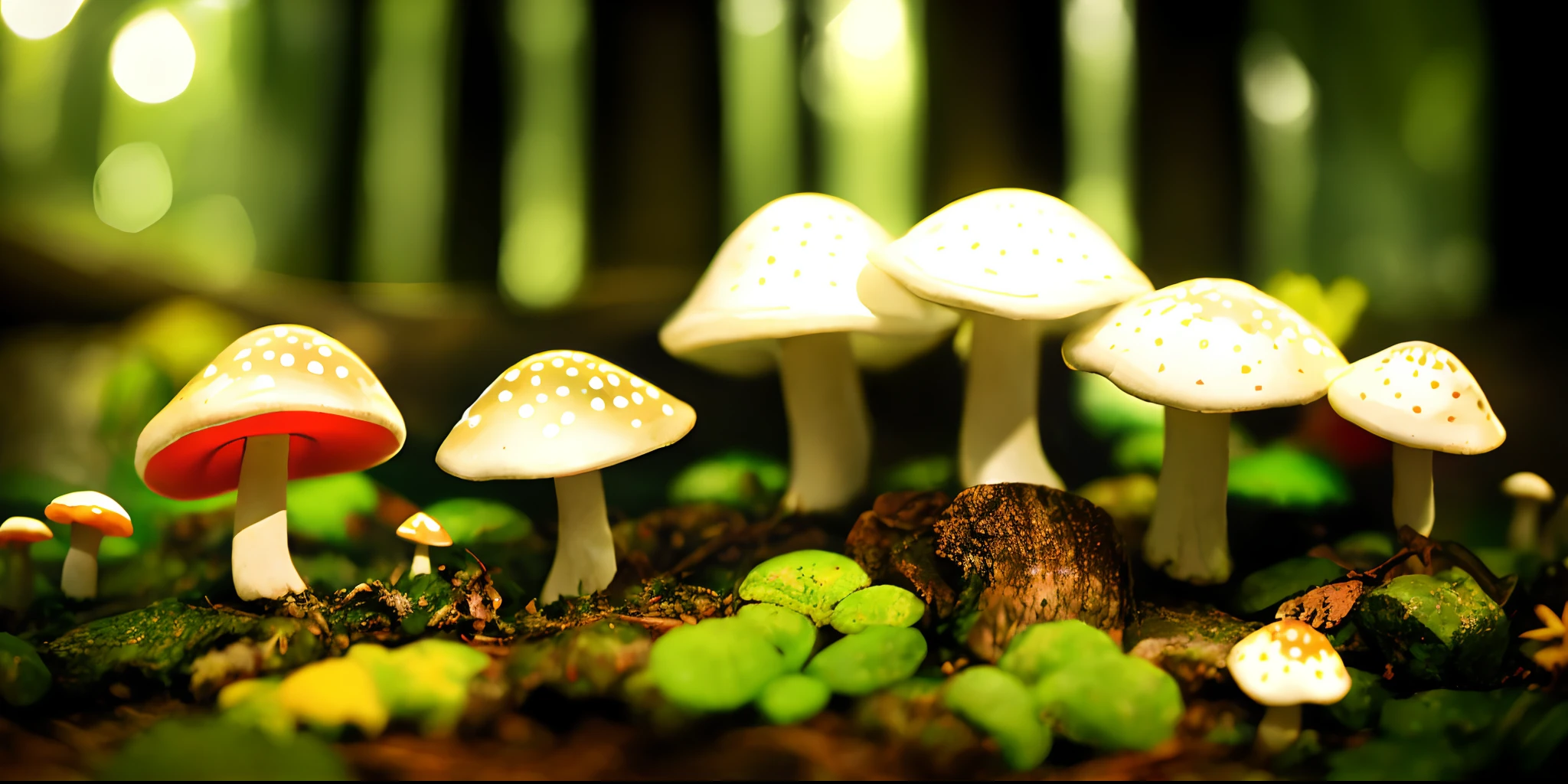 prompt 26:
Enchanted forest mushrooms::1 luminous caps, mystical glen, fairy realm, macro fantasy, nature::0.9 magical, mushrooms, forest, enchanting, fantasy::0.7-ar 16:9 --v 5.2 50 --s 2