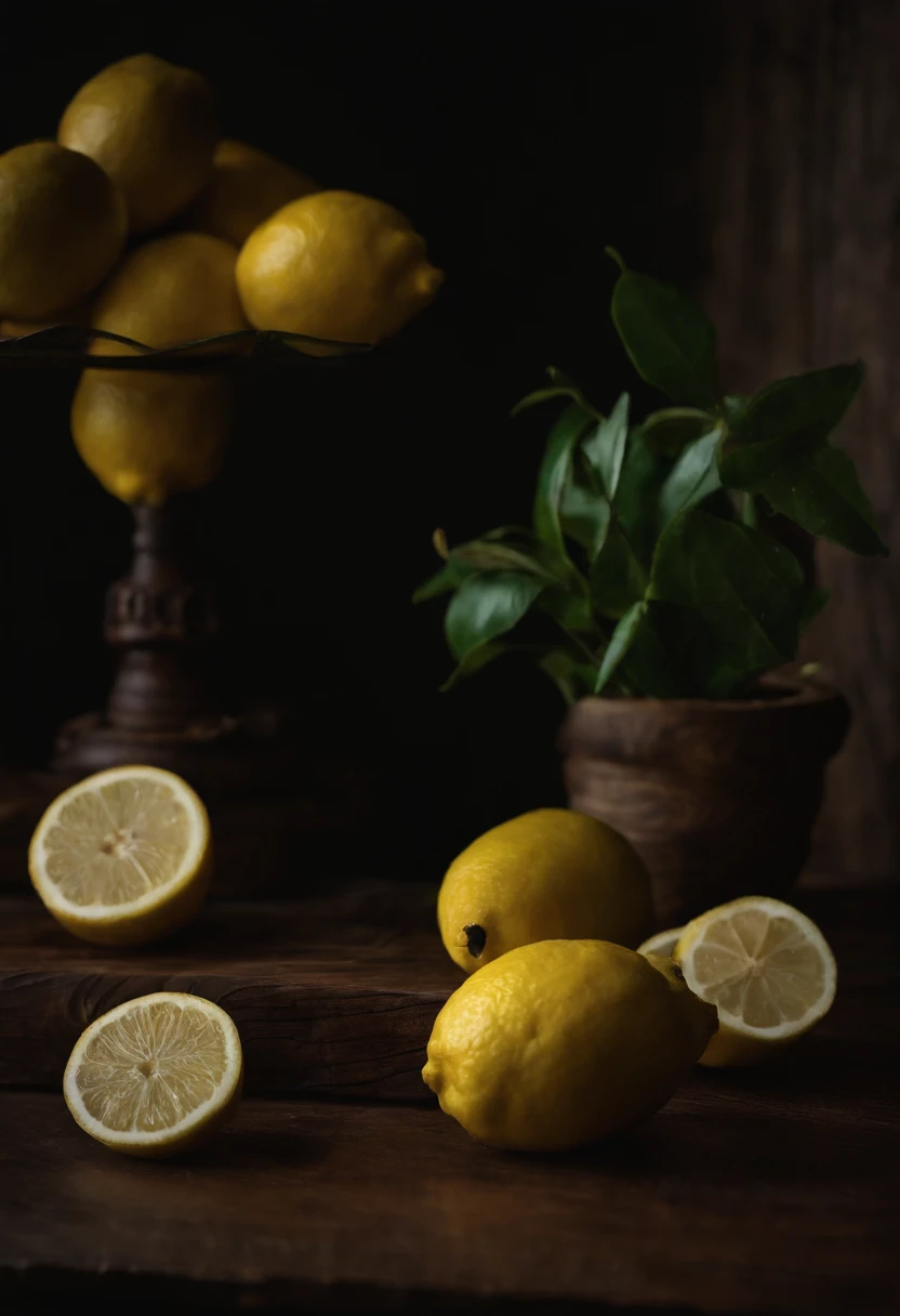 Three lemons on a wooden table,super close up,Still life photography,Dark tone