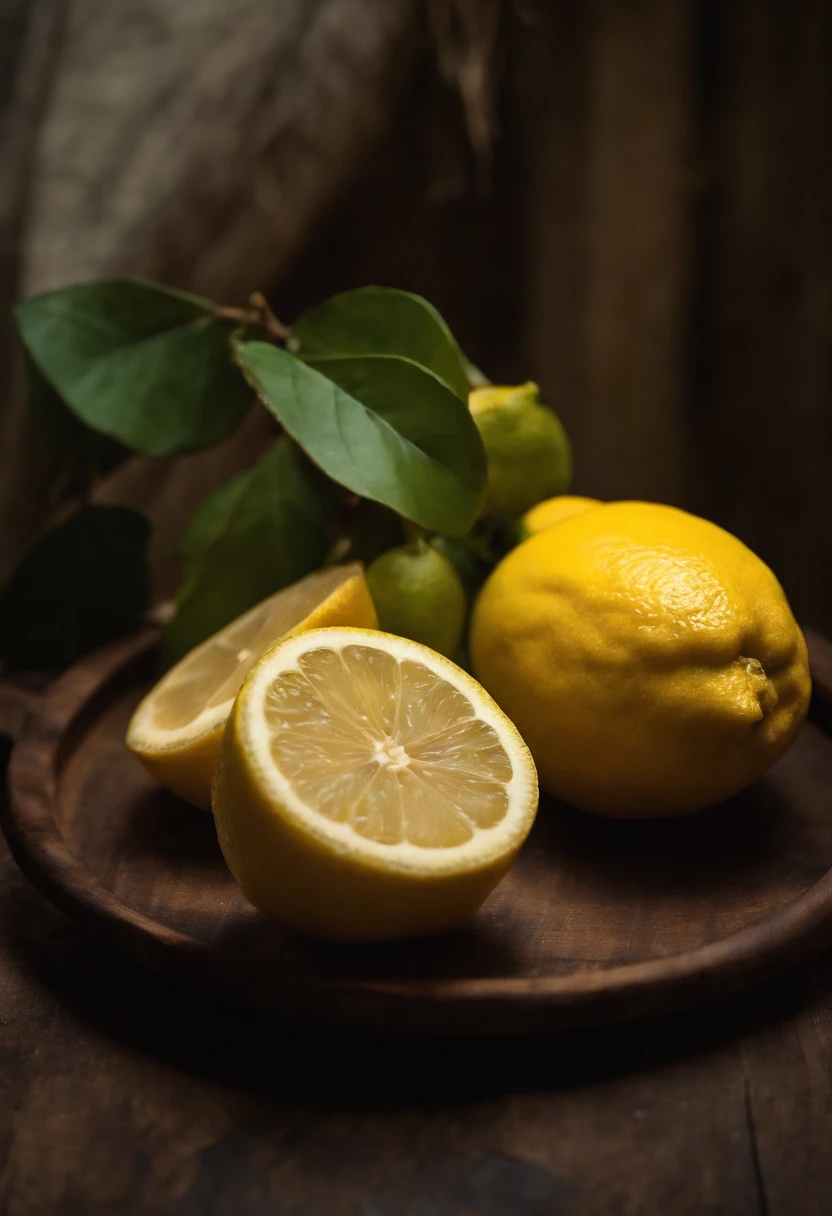 Three lemons on a wooden table,super close up,Still life photography,Dark tone