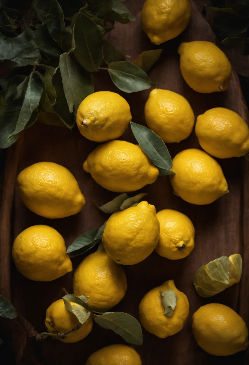 Three lemons on a wooden table,super close up,Still life photography,Dark tone