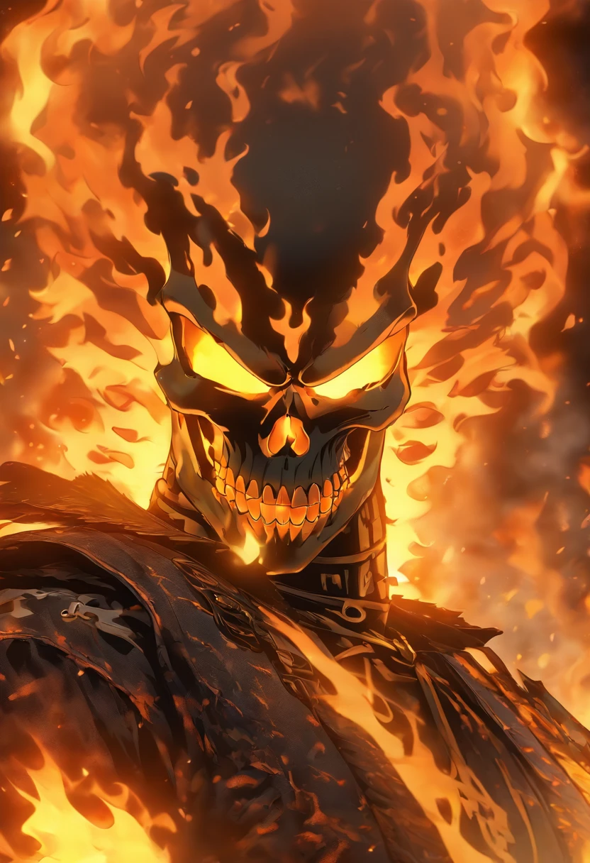 (RAW photogr, Best quality at best), (actual, Realistic photos: 1.3), Best quality at best, The is very detailed, tmasterpiece, ultra - detailed, illustratio, Ghost Rider, Burning skull, Black jacket, Black Jeans, Black shoes, Epic background, Stand like ghost rider, The upper part of the body, Ghost Rider costume, Best quality at best, extremely detaild的 CG unified 8k wallpapers, ink, Amazing Cleavage, badass look, sportrait, closeup cleavage (Skull texture), intricately details, finely detailled, the ultra-detailed.