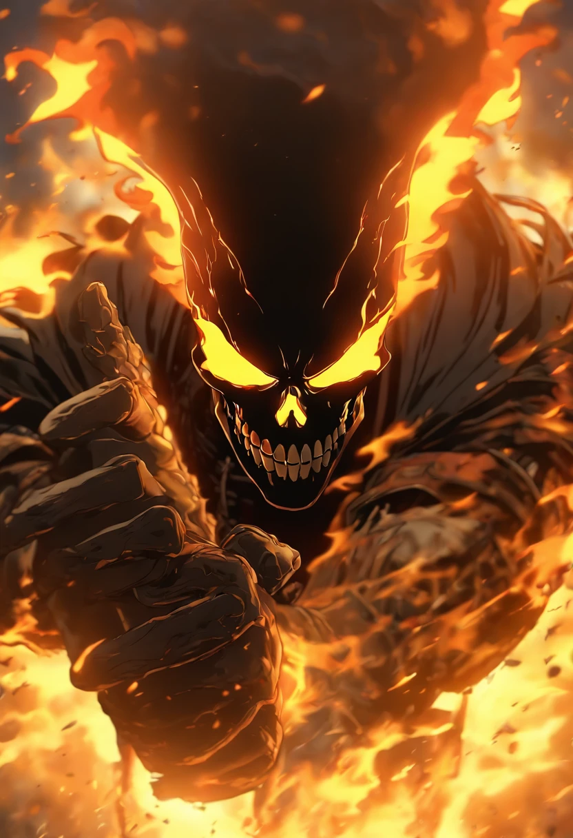 (RAW Photo, Best Quality), (Realistic, Photorealistic Photo: 1.3), Best Quality, Highly Detailed, Masterpiece, Ultra Detailed, Illustration, ghost rider, burning skull, black jacket, black jeans, black shoes, epic background, standing angry with big flame, upper body, ghost riders costume, Best Quality, Extremely Detailed CG Unified 8k Wallpaper, Ink, Amazing, badass look, fullbody, high detail (skull texture), intricately detailed, fine details, hyperdetailed.