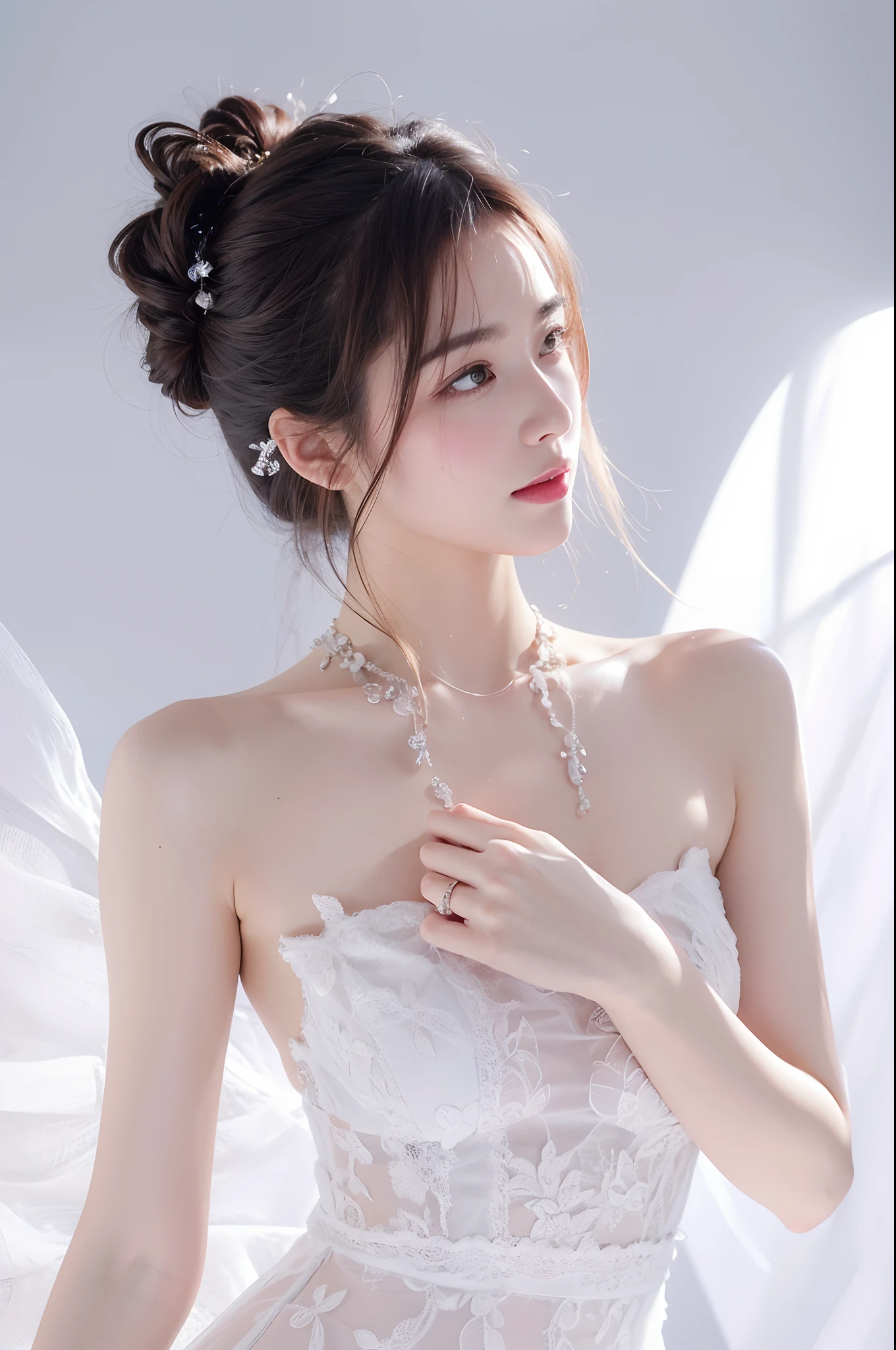 (((Pixel perfect, Perfect details))), alone, 1 girl, Close-up of beautiful bride wearing beautiful wedding dress,Gurwitz, (bridal veil:1.5),(transparent short veil:1.5),blush,eye shadow,Blushing face,Head flower,(tube top wedding dress:1.5),(silk dress:1.2),(strapless wedding dress:1.5),pure white dress,necklace,earring, medium breasts:1.3),Bangs,lipstick,(White long elbow gloves:1.4),full-body shot,High-detail RAW color art,White long skirt,There is only one railway track in the whole body, 18 years old, (long twintails:1.5),(double bun:1.5), black hair