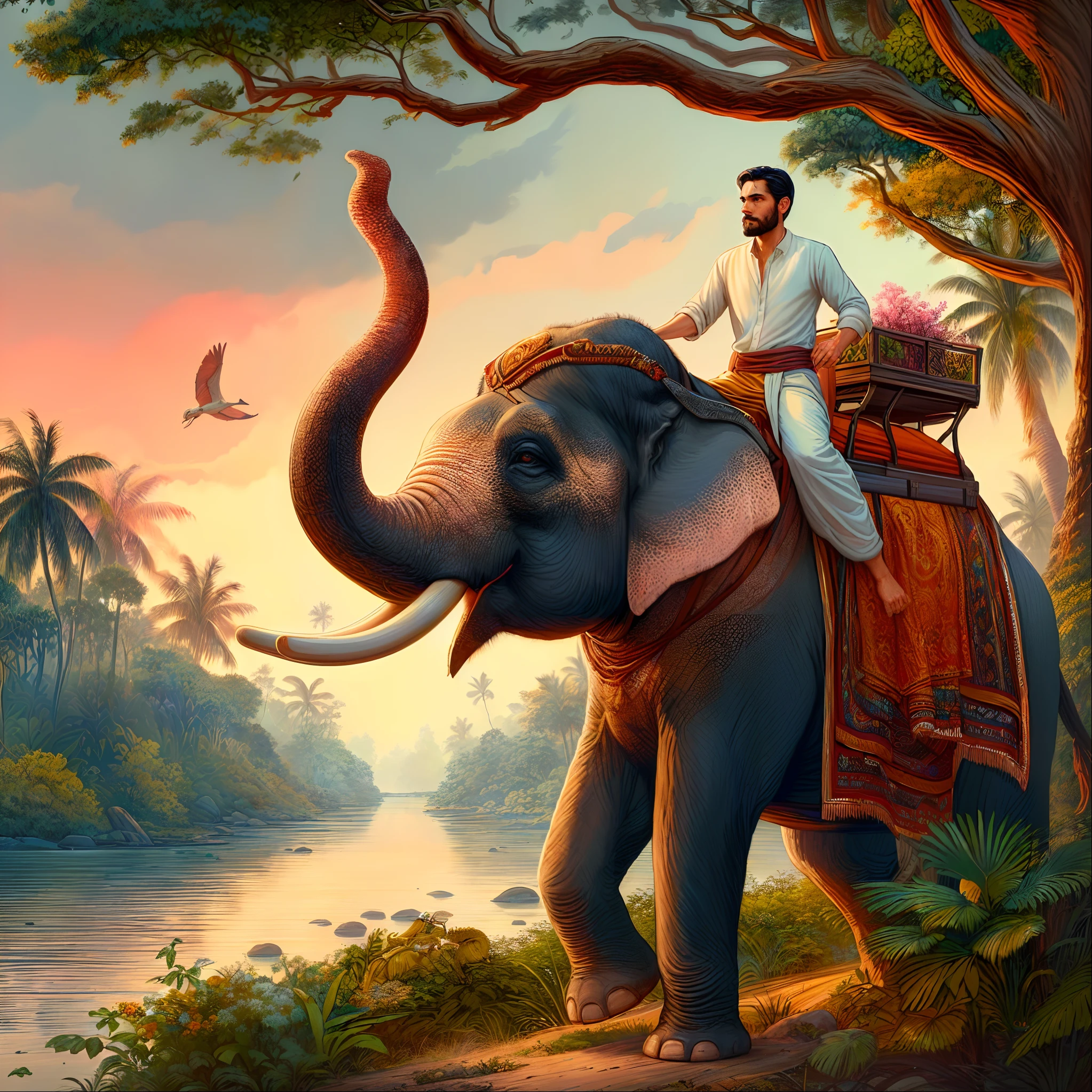 painting of a man riding an elephant in a jungle, inspired by Raja Ravi Varma, by Max Dauthendey, a beautiful artwork illustration, amazing wallpaper, beautiful digital artwork, an enormous elephant king, detailed painting 4 k, an elephant king, by Kerembeyit, cyril rolando and m.w kaluta