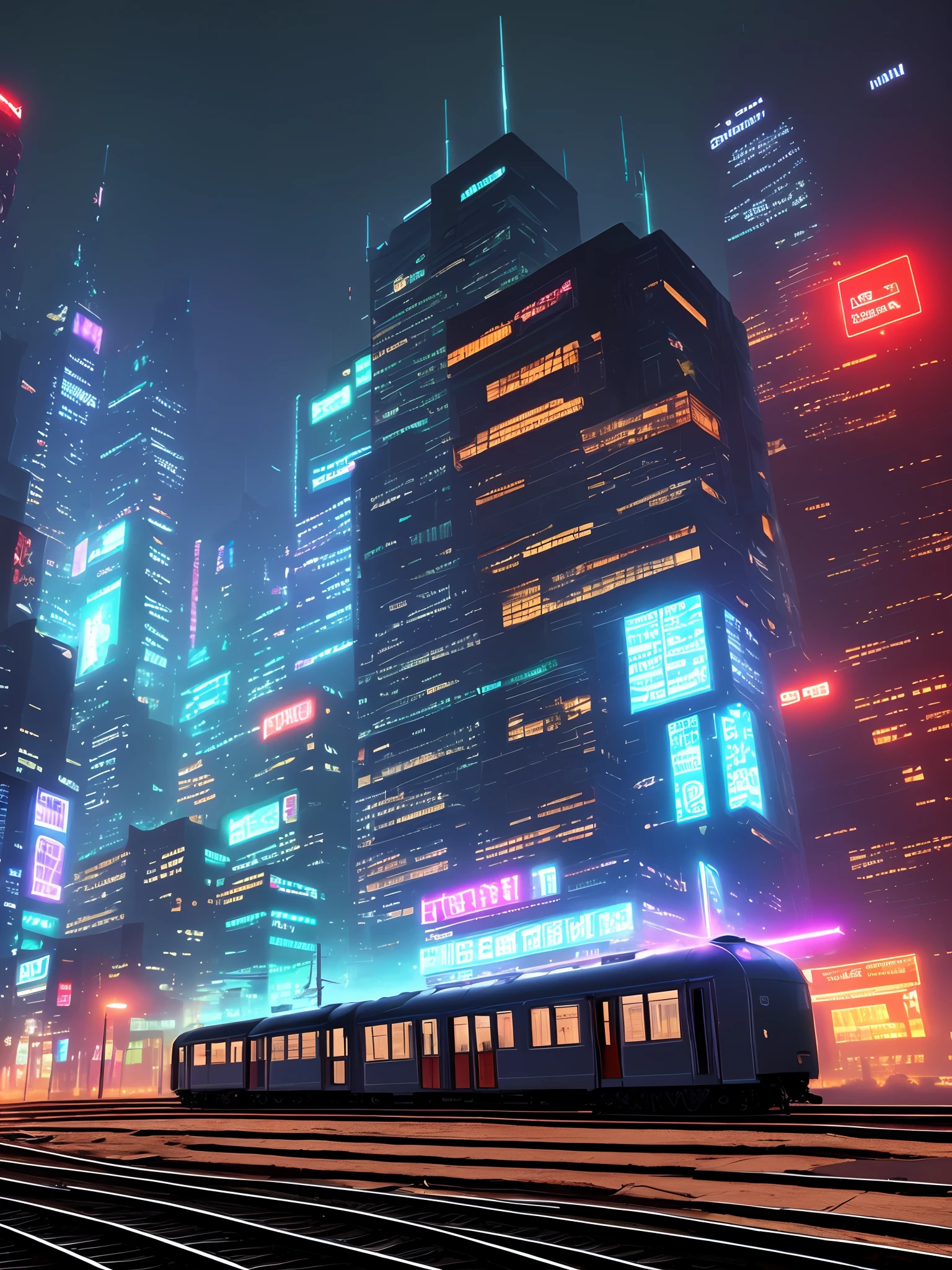 Futuristic city (Irregular building architecture) (cyberpunked) Futuristic train　Vibrant colors　nighttime scene　Steam　foggy