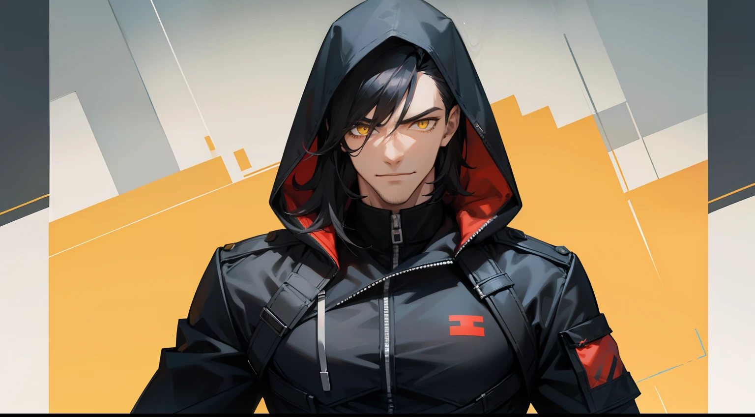 1 male, mature, manly, tall muscular, handsome, finely detailed eyes, portrait, (bloody scars:0.7), looking down, solo, half shot, solid background, determined smile, hacker, black hair, yellow eyes, black hoodie, soldier uniform, frontal view, t-pose