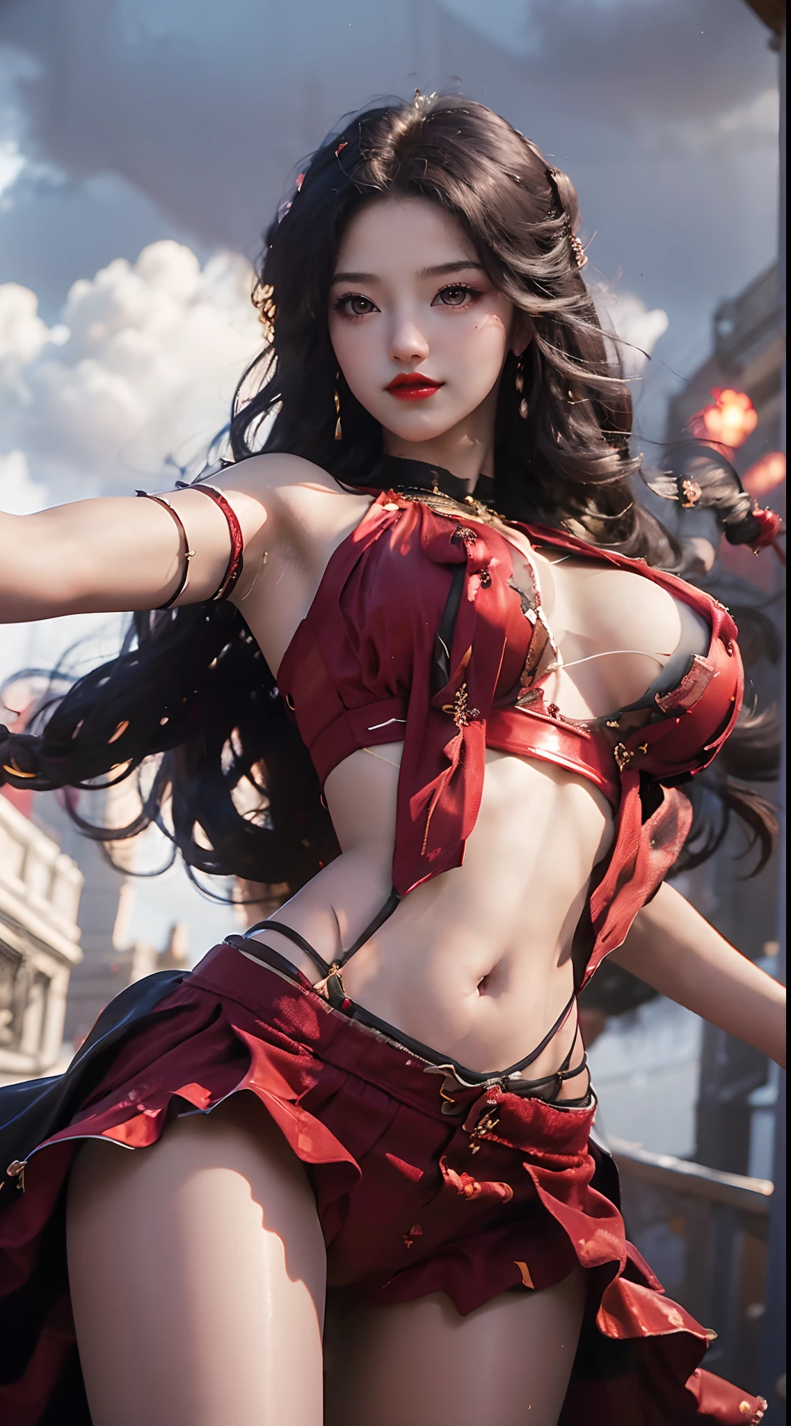 photorealistic, masterpiece, photorealistic, high resolution, soft light, hips up, red dudou,red panties,red camisole,red clothes,huge breasts,navel,see through,bottomless:1.3)