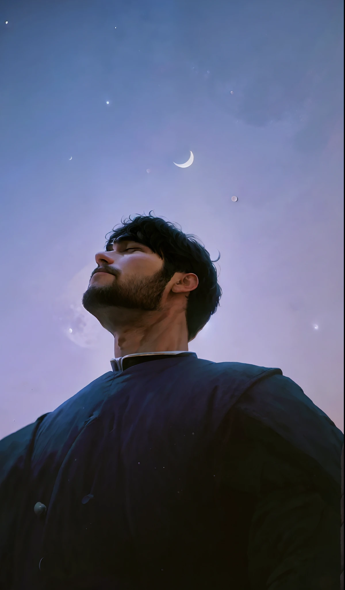 arafed man looking up at the moon with his eyes closed, moon behind him, the moon cast on the man, looking at the moon, in front of the moon, in front of a big moon, with the moon out, moon in his crown, crescent moon in background, moons in background, looking to the sky, (moon in the background)