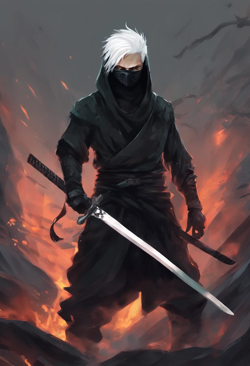 Ninja boy with black hood and black mask with white hair and green eyes, carregando armas de fogo
