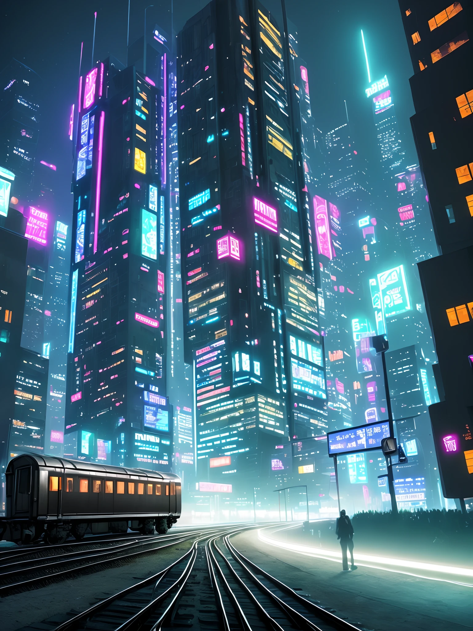 Futuristic city (Irregular building architecture) (cyberpunked) Futuristic train Vibrant colors nighttime scene Steam foggy